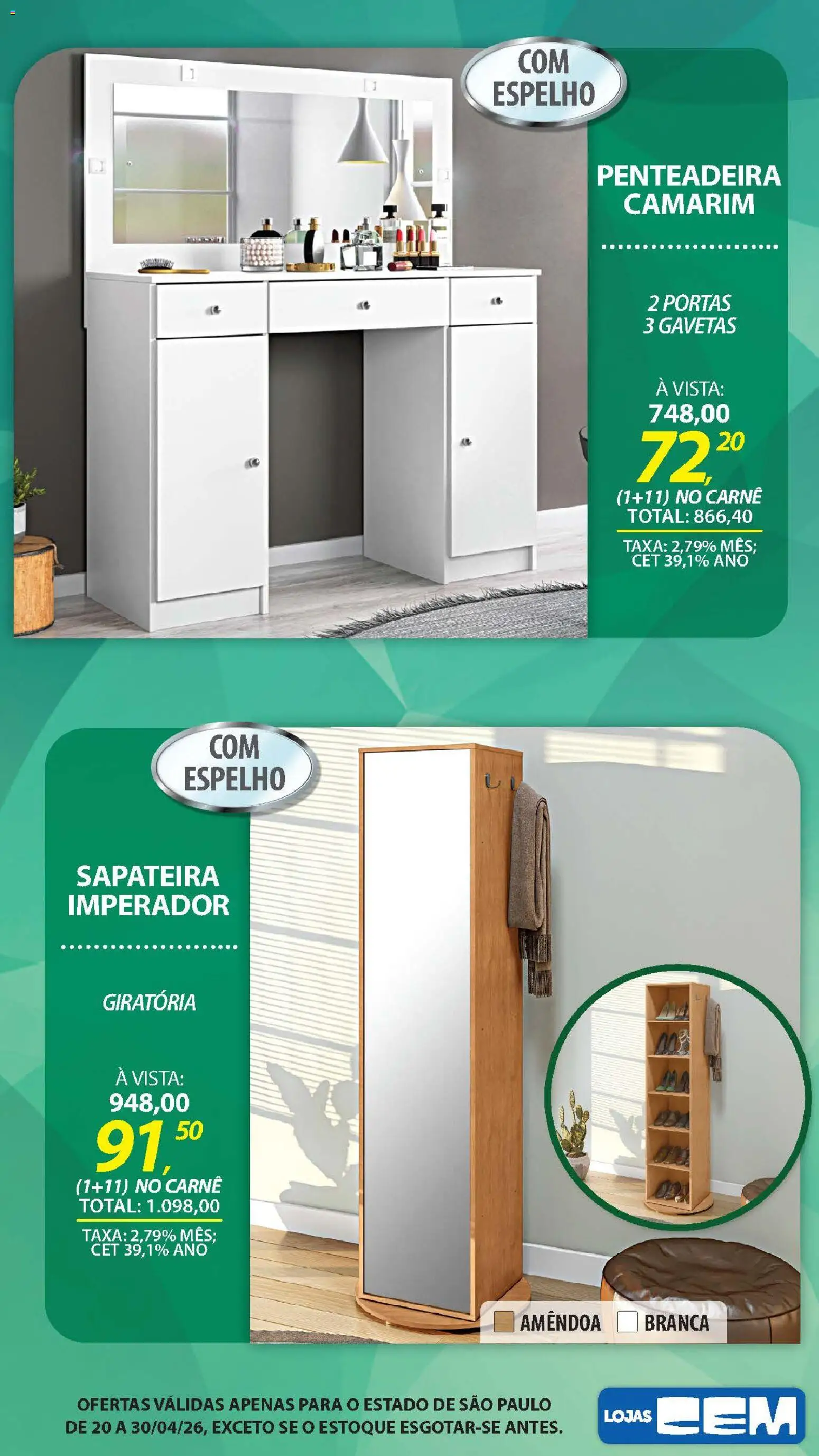 Lojas Cem Folheto - válido de 20.04.2026 | Página: 105 | Produtos: Penteadeira, Sapateira, Espelho, Carne