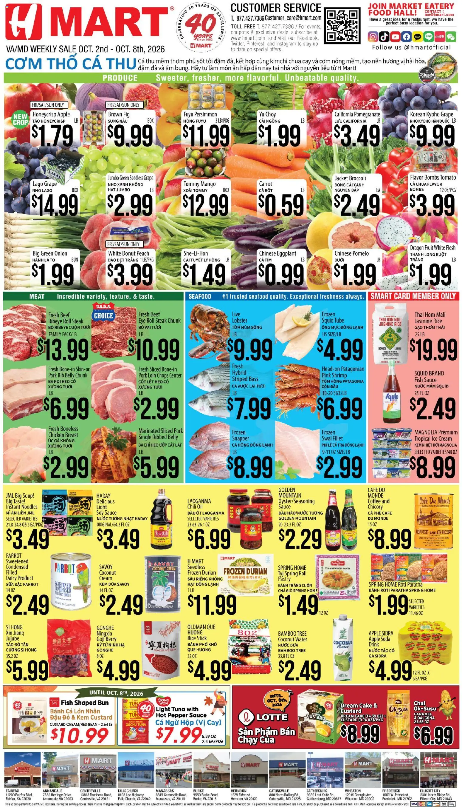 Hmart Weekly Ad - VIETNAMESE - MD - valid from 10/02/2026 | Page: 1 | Products: Peach, Persimmon, Tuna, Donut
