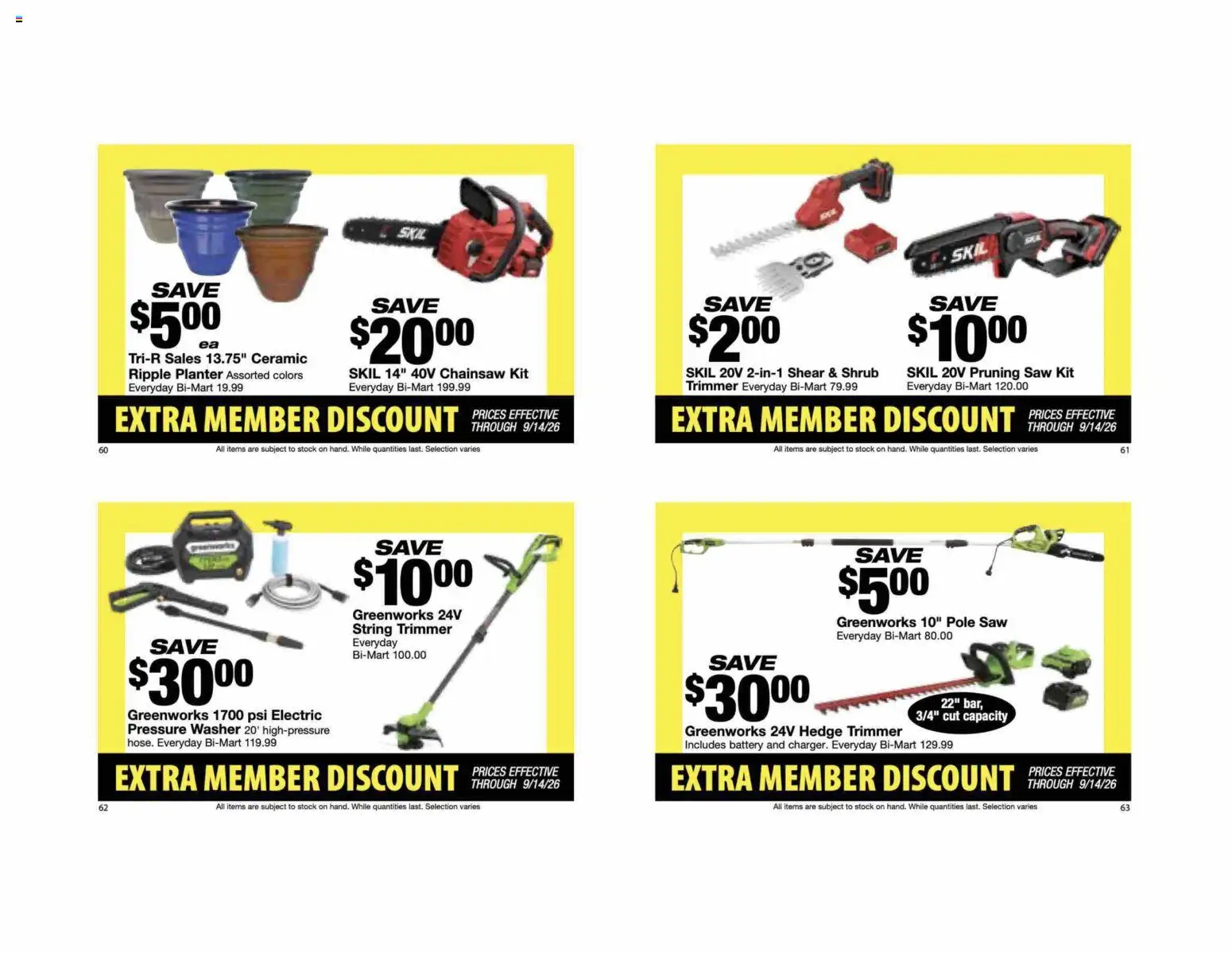 Bi-Mart Extra Member Discount Book - valid from 08/24/2026 | Page: 17 | Products: Trimmer, Saw, Battery, Chainsaw