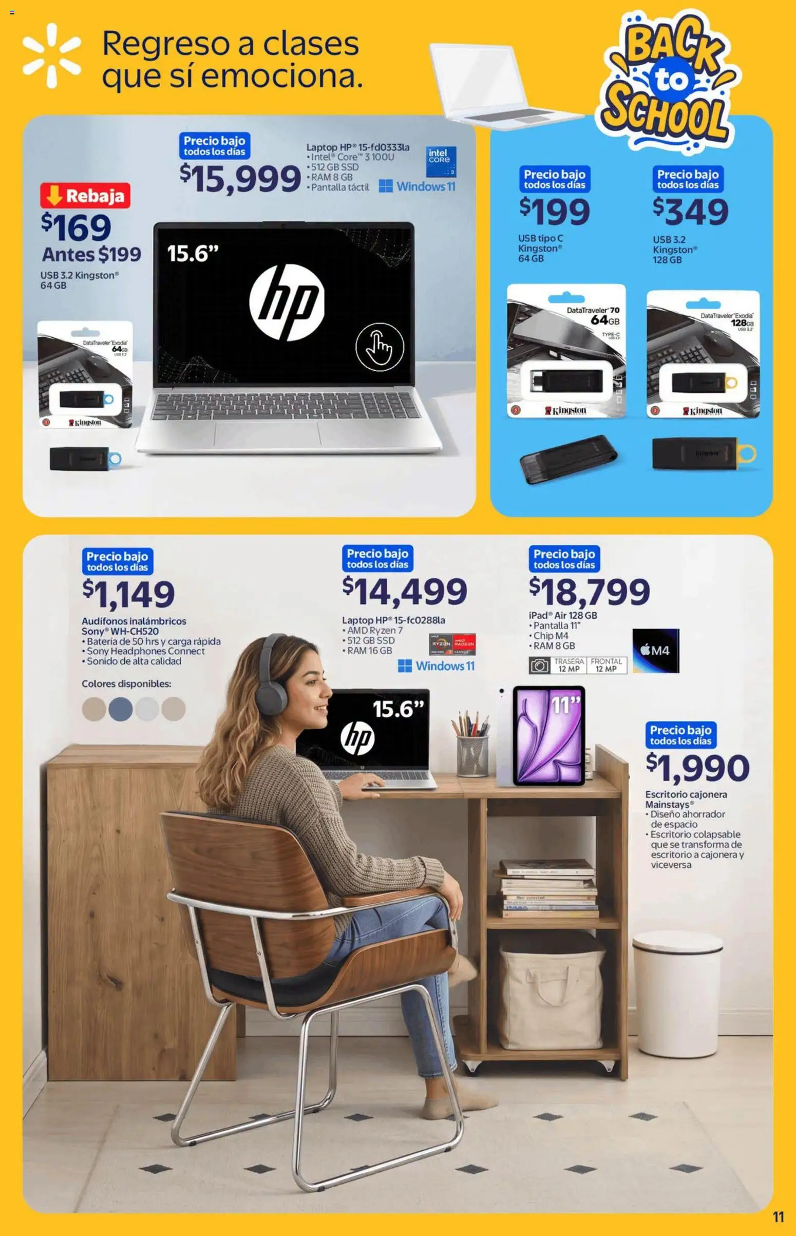 Nuevas ofertas de Walmart válidas en toda la República Mexicana desde el 13/08/2026. ¡Encuentra las mejores ofertas en Walmart folleto Back to School! | Página: 11 | Productos: Usb, Audífonos, Batería, Laptop