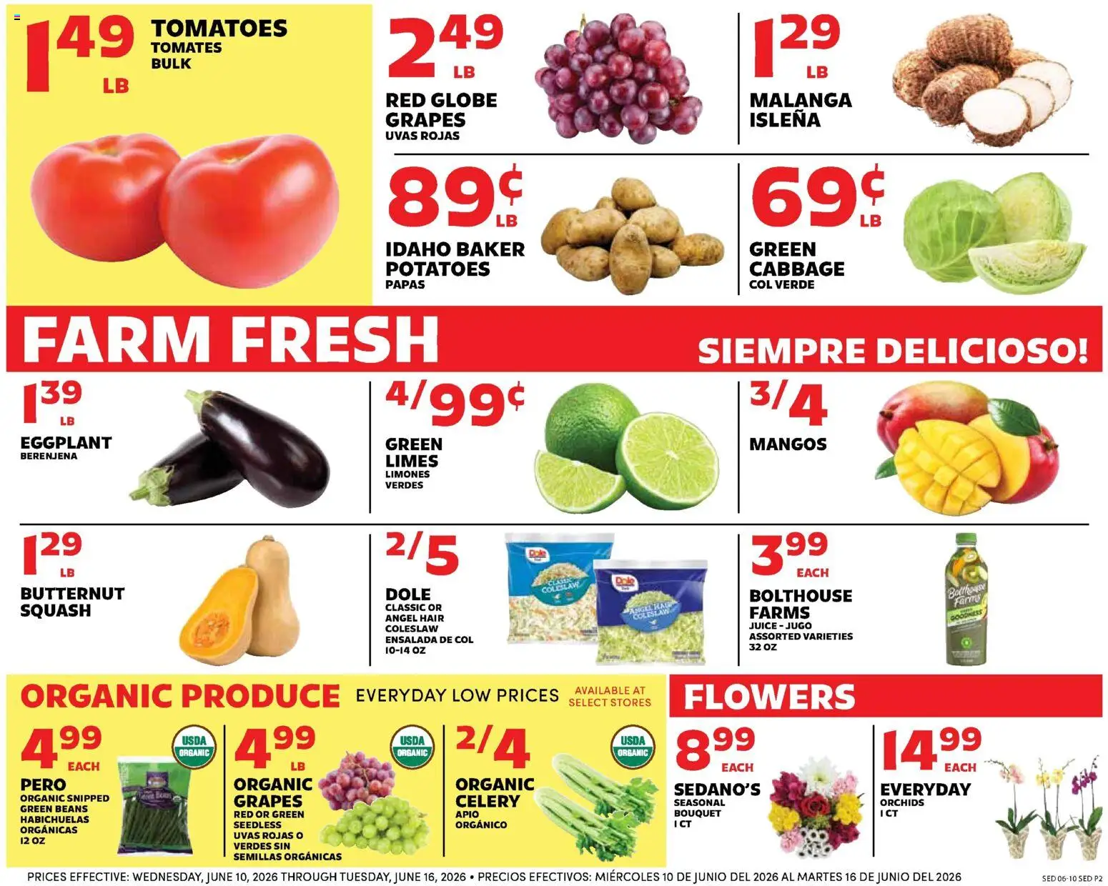 Sedano's Weekly Ad - valid from 10.06.2026 | Page: 2 | Products: Squash, Juice, Tomatoes, Potatoes