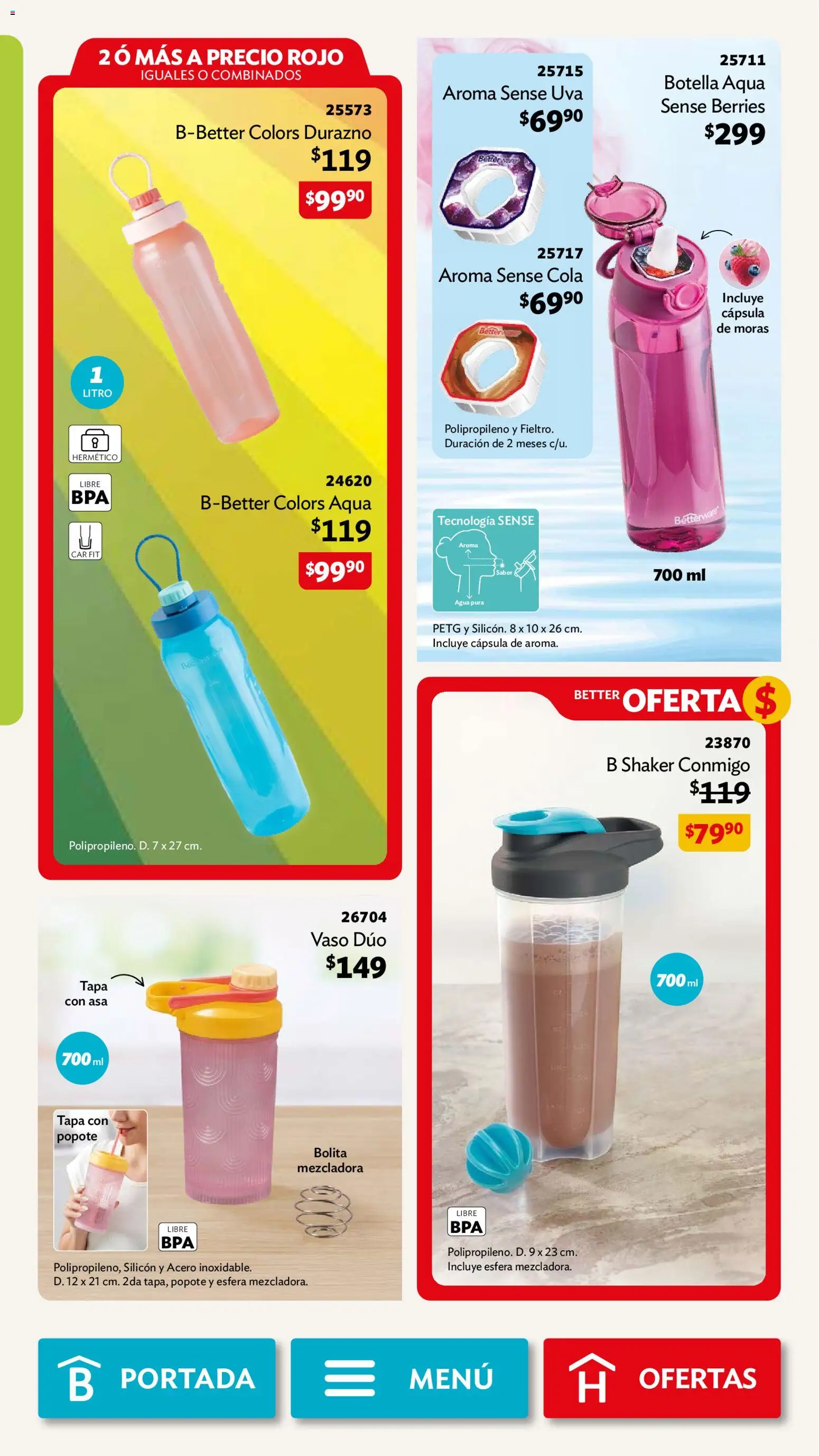 Nuevas ofertas de Betterware válidas en toda la República Mexicana desde el 03/08/2026. ¡Encuentra las mejores ofertas en Betterware campaña 8 2026! | Página: 70 | Productos: Durazno, Agua, Uva, Botella