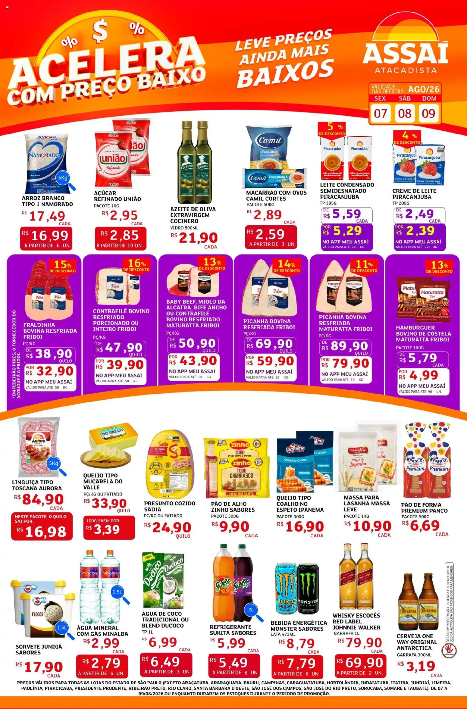 Assaí Atacadista Folheto - válido de 07/08/2026 | Página: 1 | Produtos: Bife ancho, Leite, Creme de leite, Azeite
