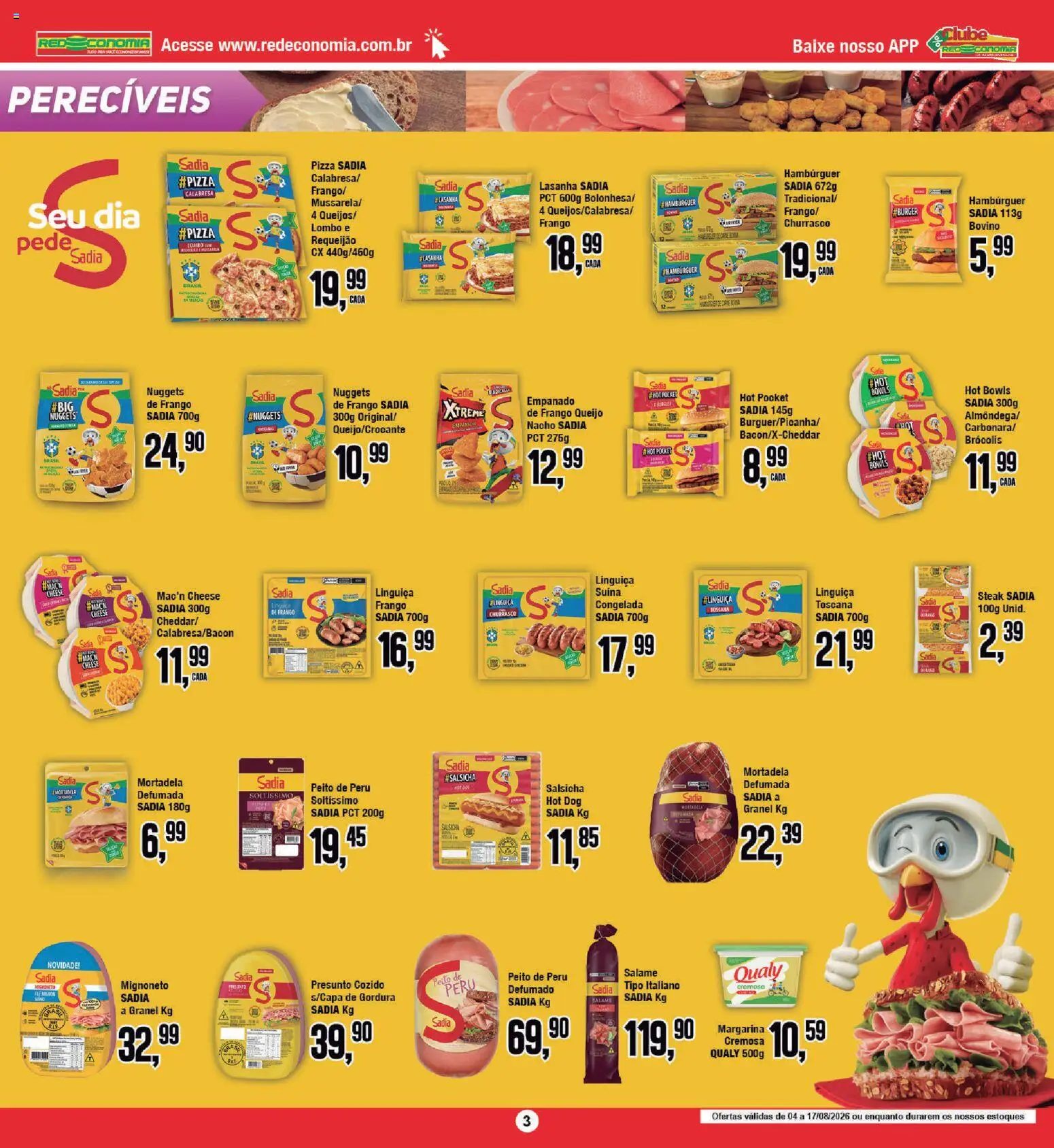 RedEconomia Folheto - válido de 04/08/2026 | Página: 3 | Produtos: Salsicha, Linguiça, Lasanha, Brócolis