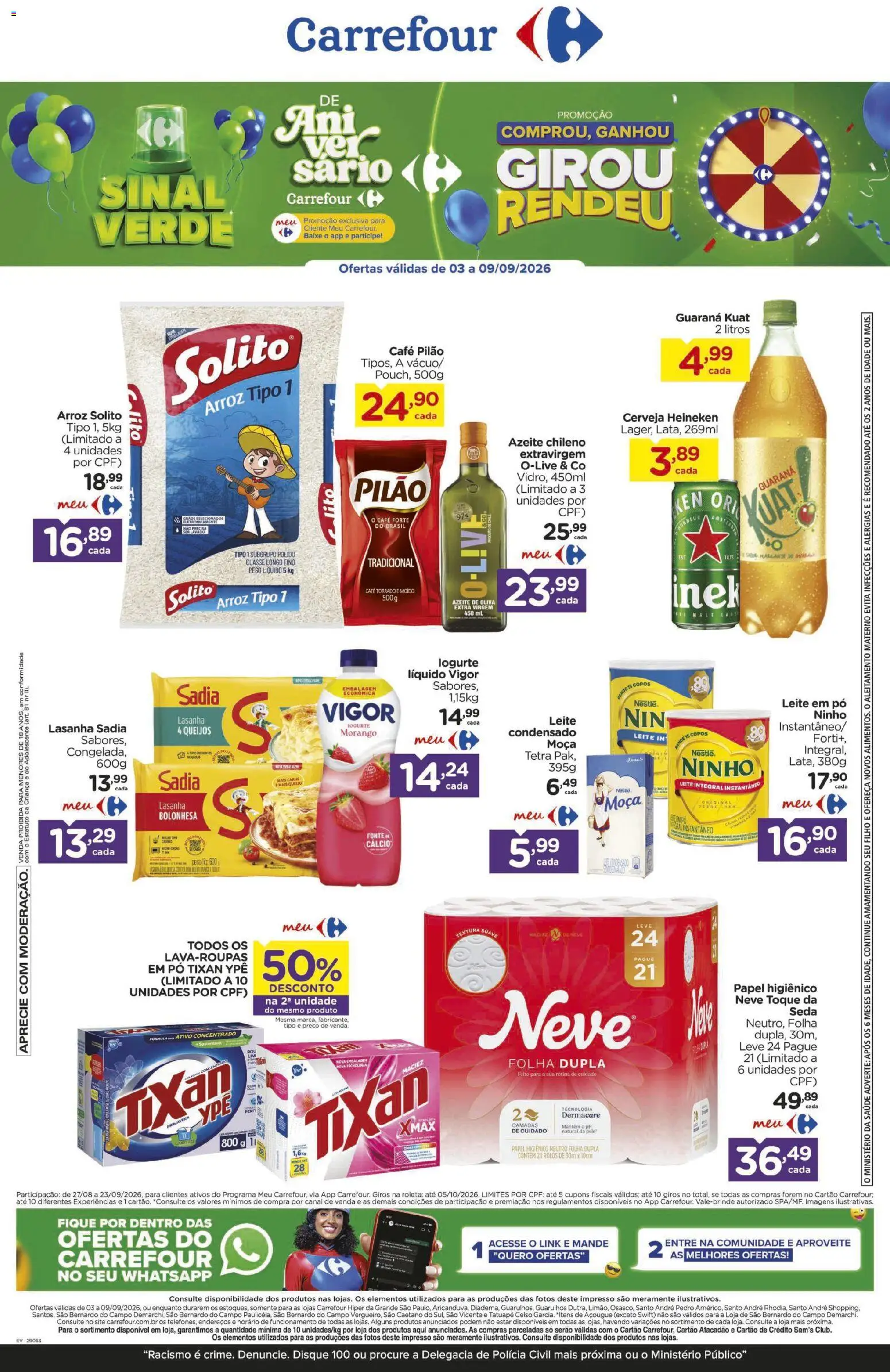 Carrefour Folheto - válido de 03/09/2026 | Página: 1 | Produtos: Leite integral, Guaraná, Cerveja, Cerveja Heineken
