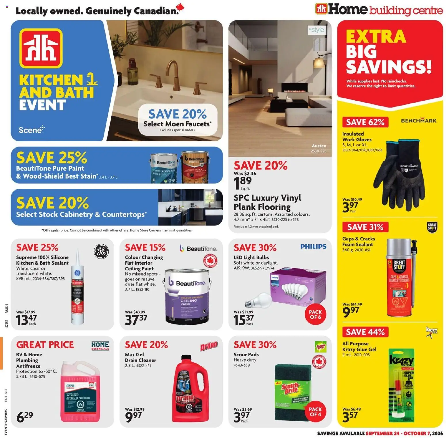 Home Hardware flyer valid from Sep 24, 2026 | Page: 1 | Products: Gloves, LED light, Bath, Light bulbs