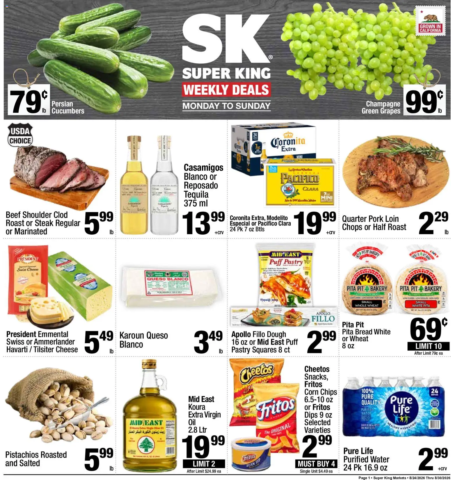 Super King Weekly Ad - valid from 08/24/2026 | Page: 1 | Products: Tequila, Pork, Water, Grapes