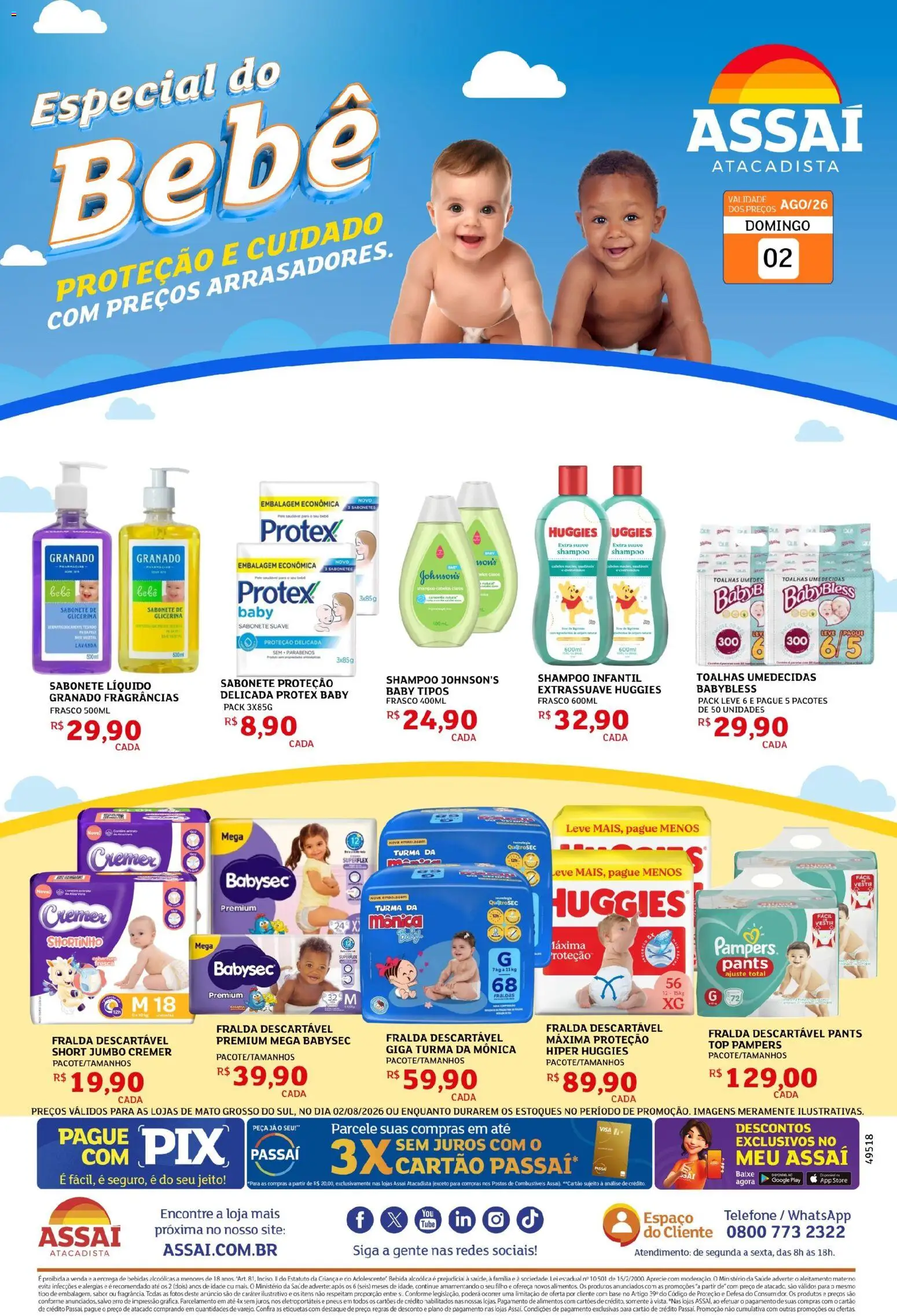 Assaí Atacadista Folheto - válido de 02/08/2026 | Página: 1 | Produtos: Base, Sabonete, Telefone, Fraldas