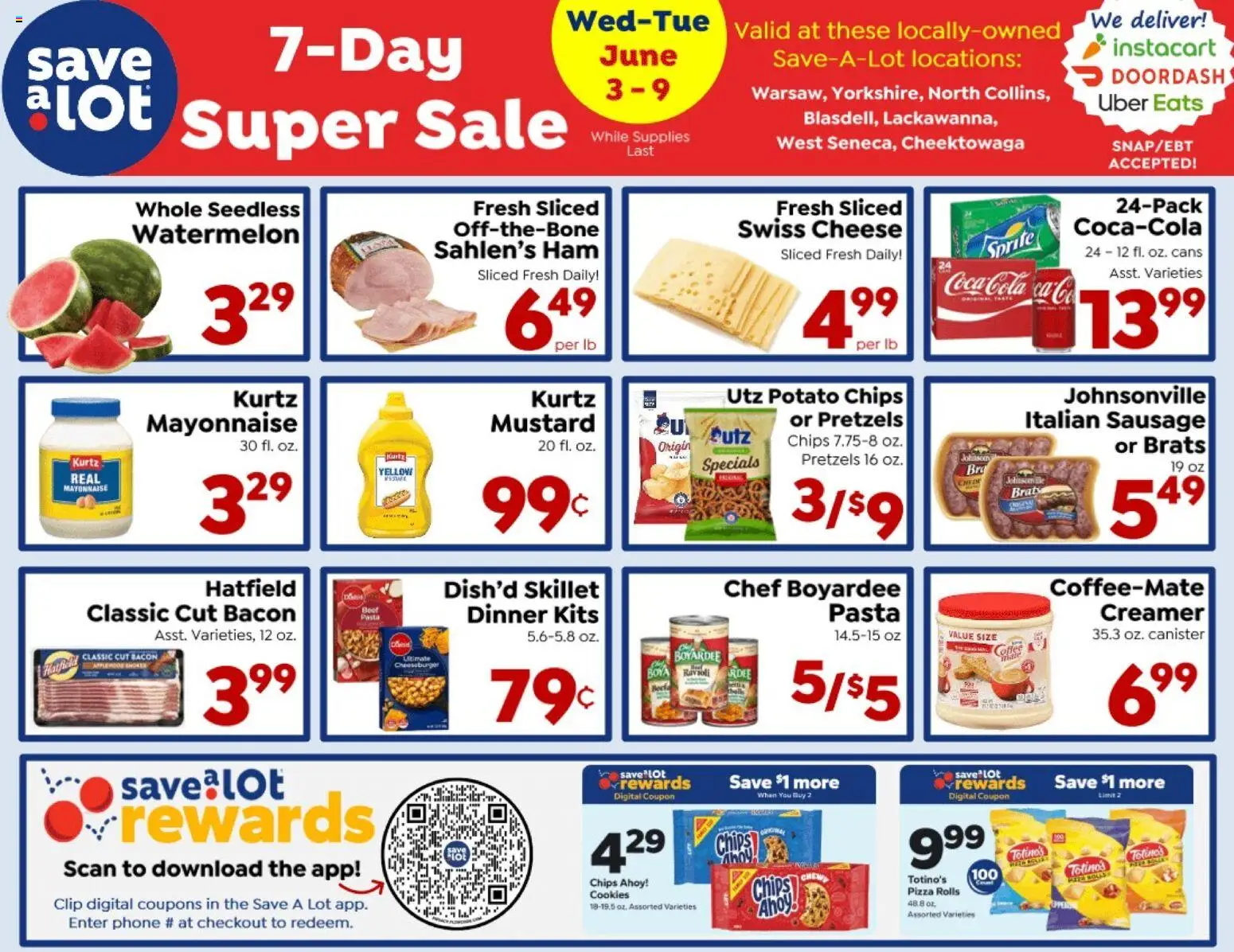 Save a Lot Ad - valid from 03.06.2026 | Page: 1 | Products: Pasta, Cookies, Watermelon, Phone