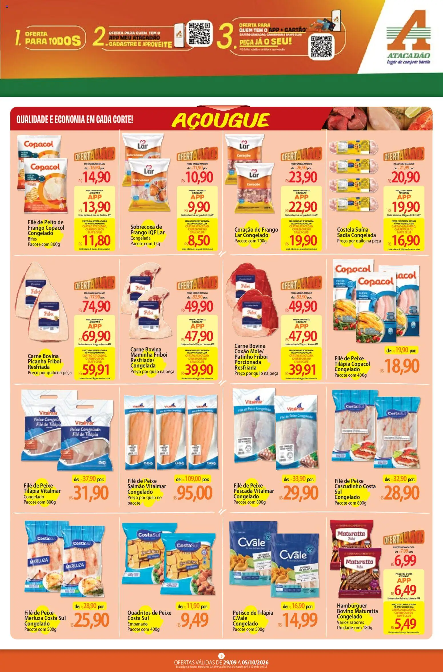 Atacadão Folheto - válido de 29/09/2026 | Página: 3 | Produtos: Maminha, Tilápia, Hambúrguer, Filé de tilápia