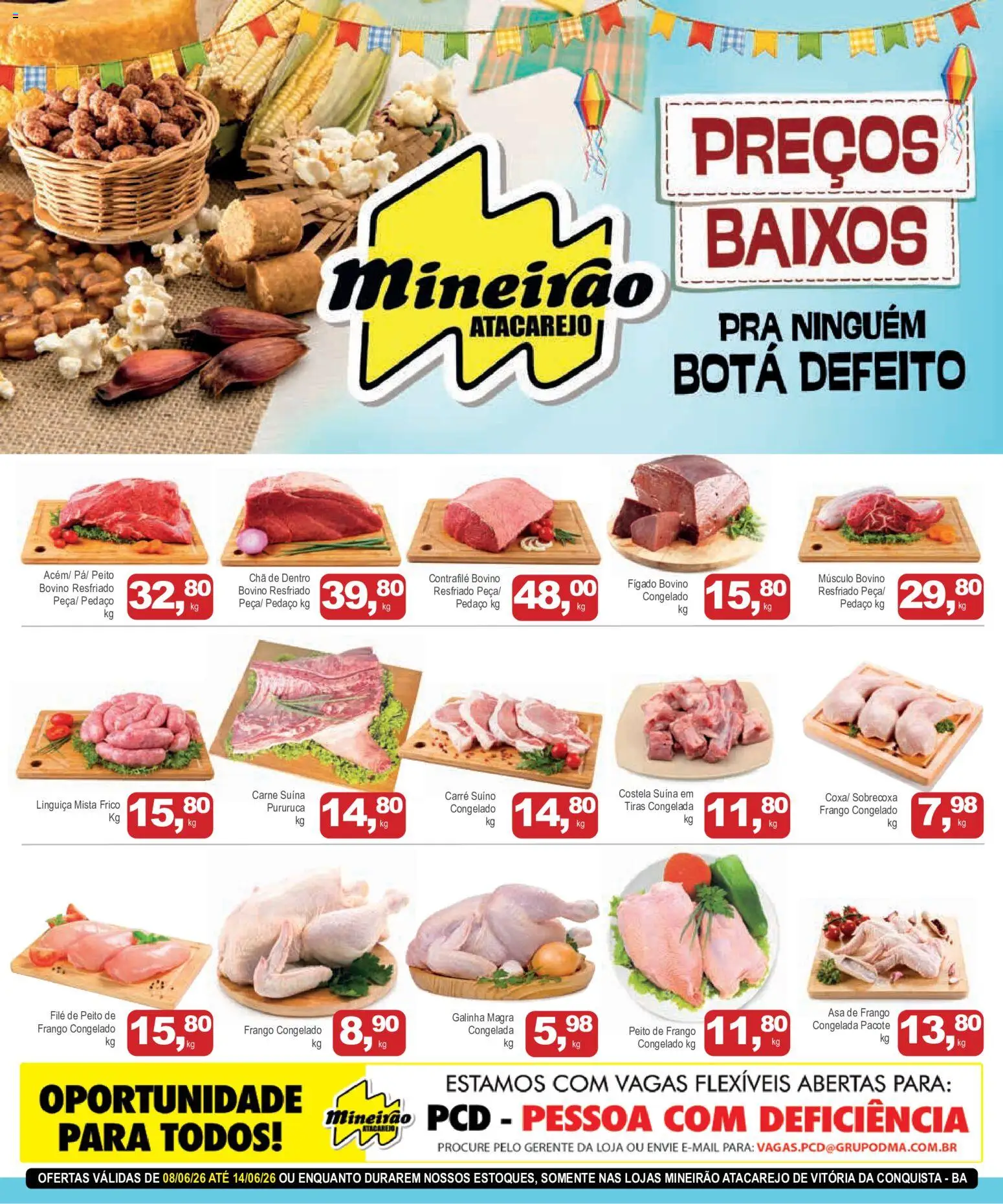 Mineirão Atacarejo Folheto - válido de 08.06.2026 | Página: 1 | Produtos: Asa de frango, Chá, Carne, Peito de frango