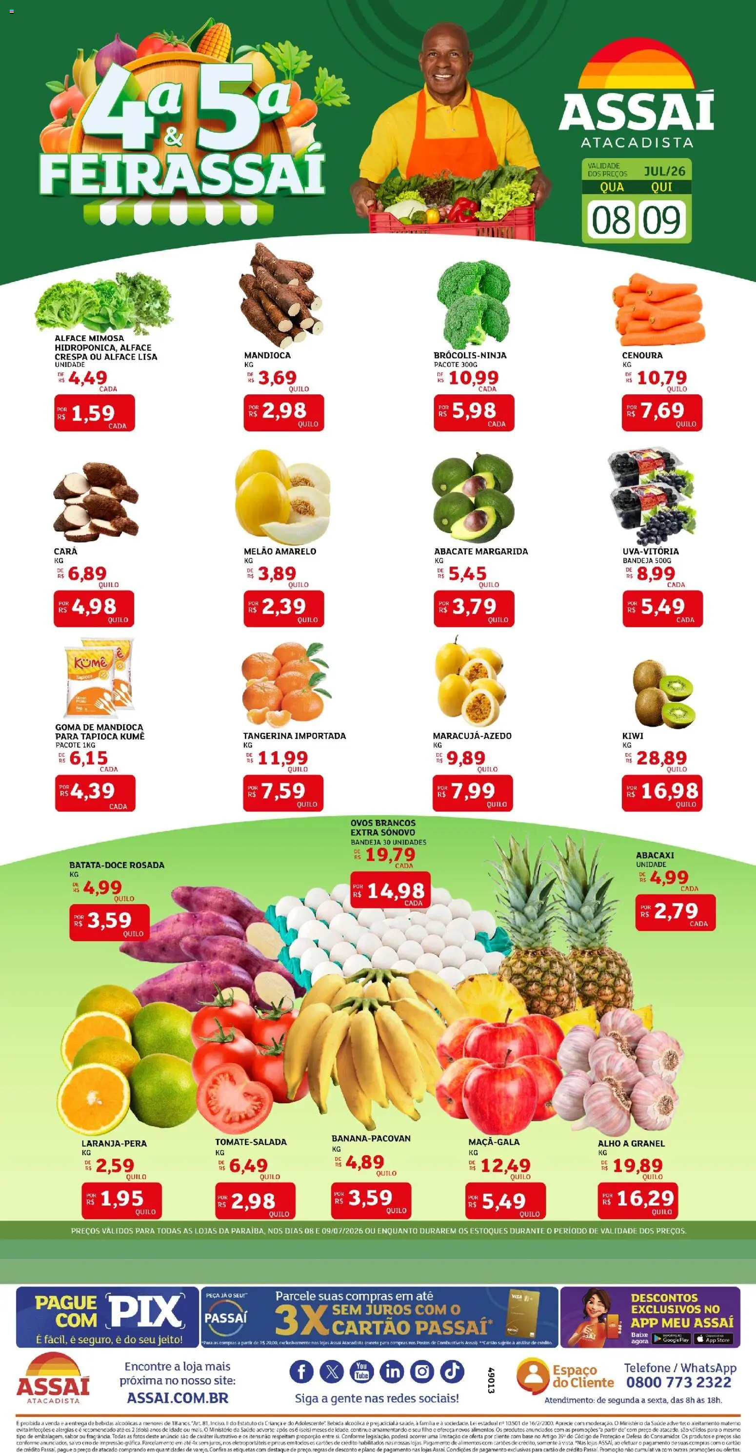 Assaí Atacadista Folheto - válido de 08/07/2026 | Página: 1 | Produtos: Melão, Ovos, Abacaxi, Bebida