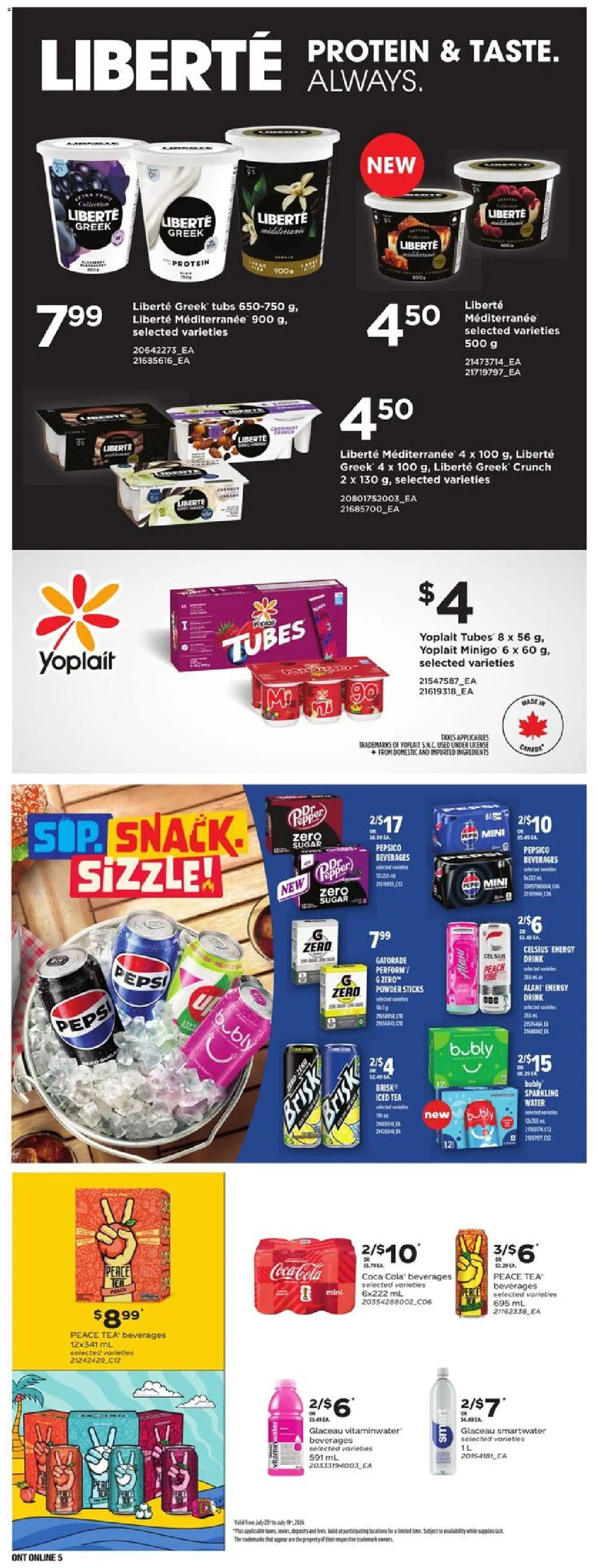 Loblaws flyer valid from Jul 23, 2026 | Page: 13 | Products: Iced tea, Pepper, Pepsi, Protein