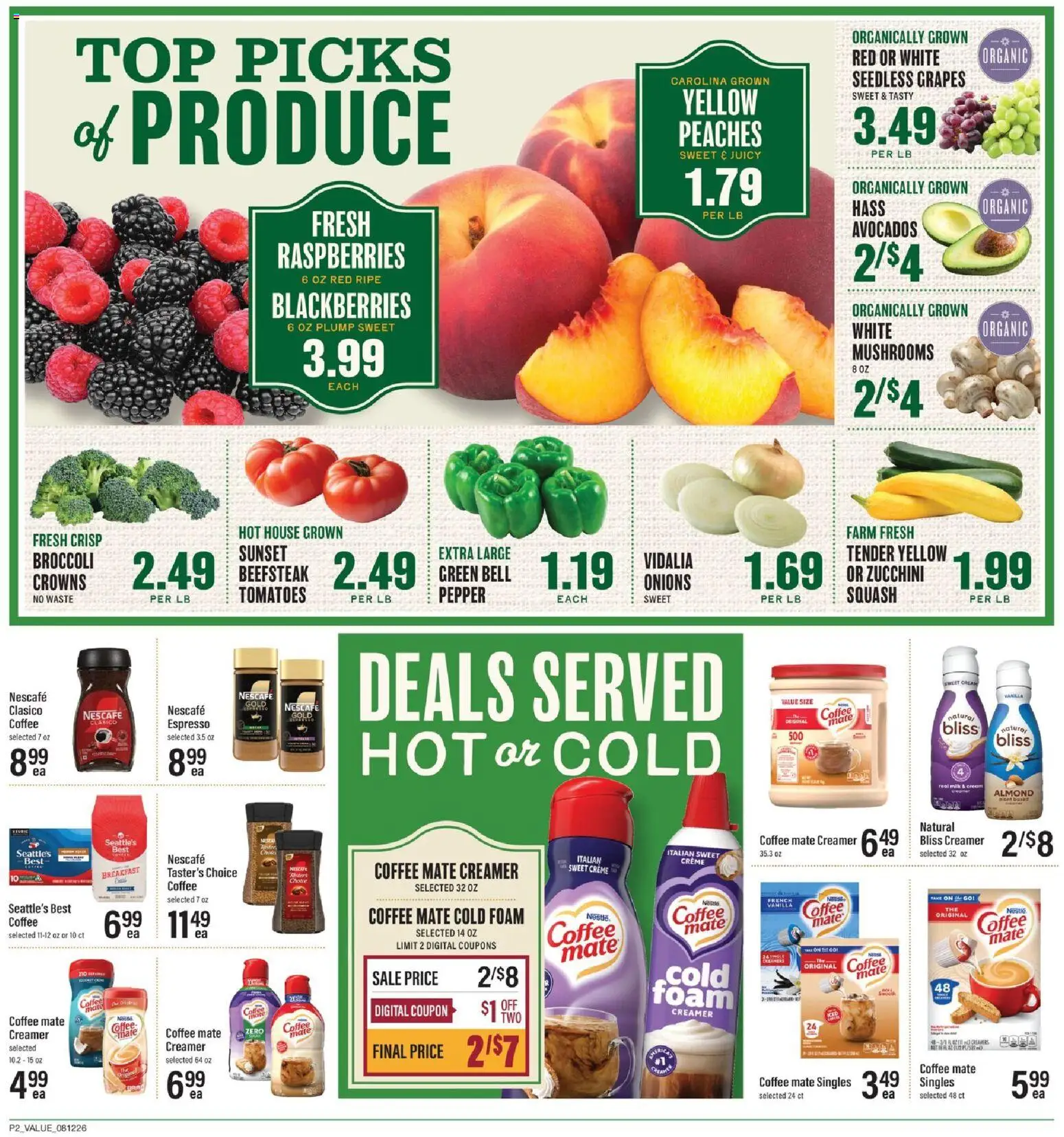 Lowes Foods Weekly Ad - NC - valid from 08/12/2026 | Page: 2 | Products: Squash, Crowns, Milk, Coffee