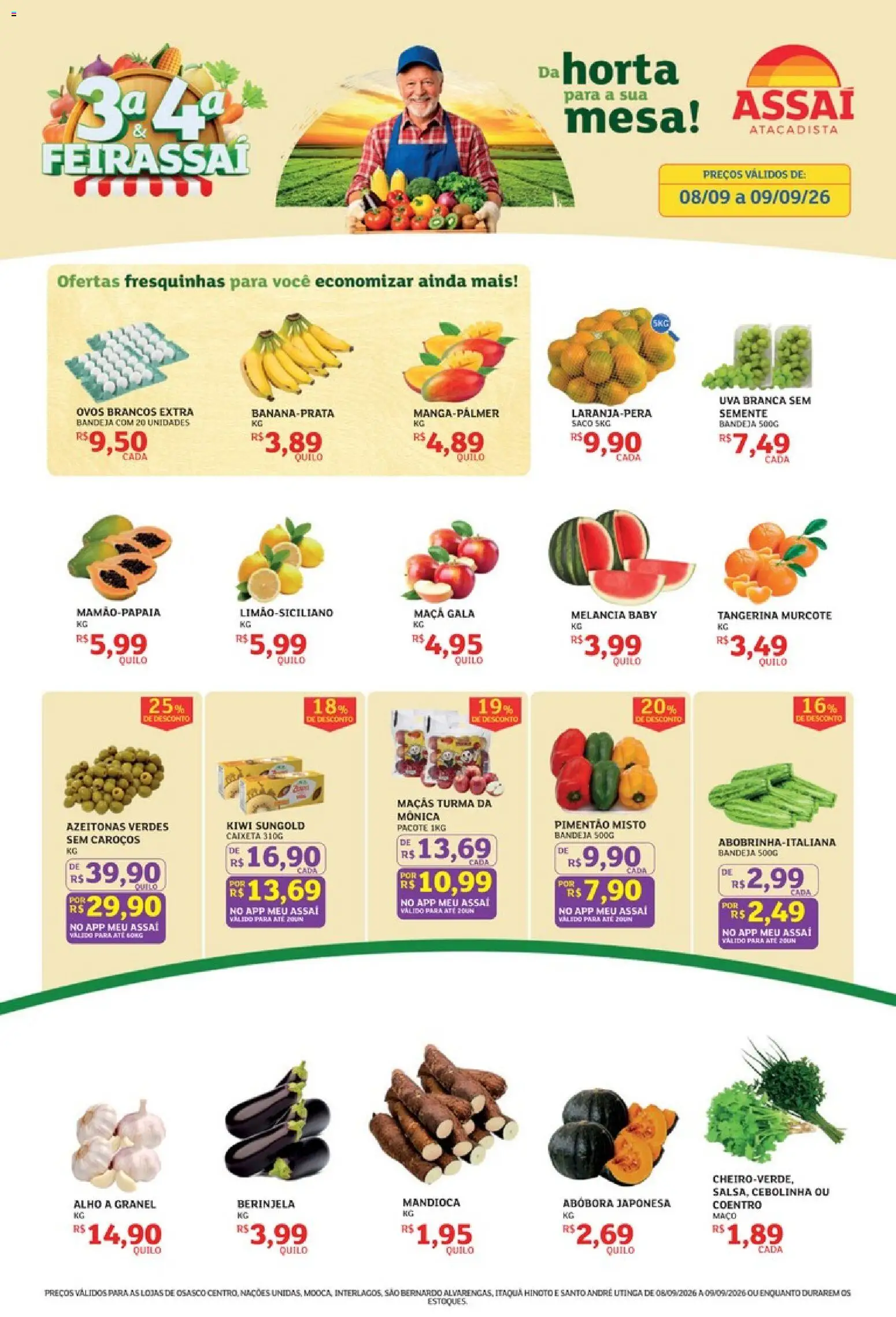 Assaí Atacadista Folheto - válido de 08/09/2026 | Página: 1 | Produtos: Alho, Berinjela, Mandioca, Kiwi