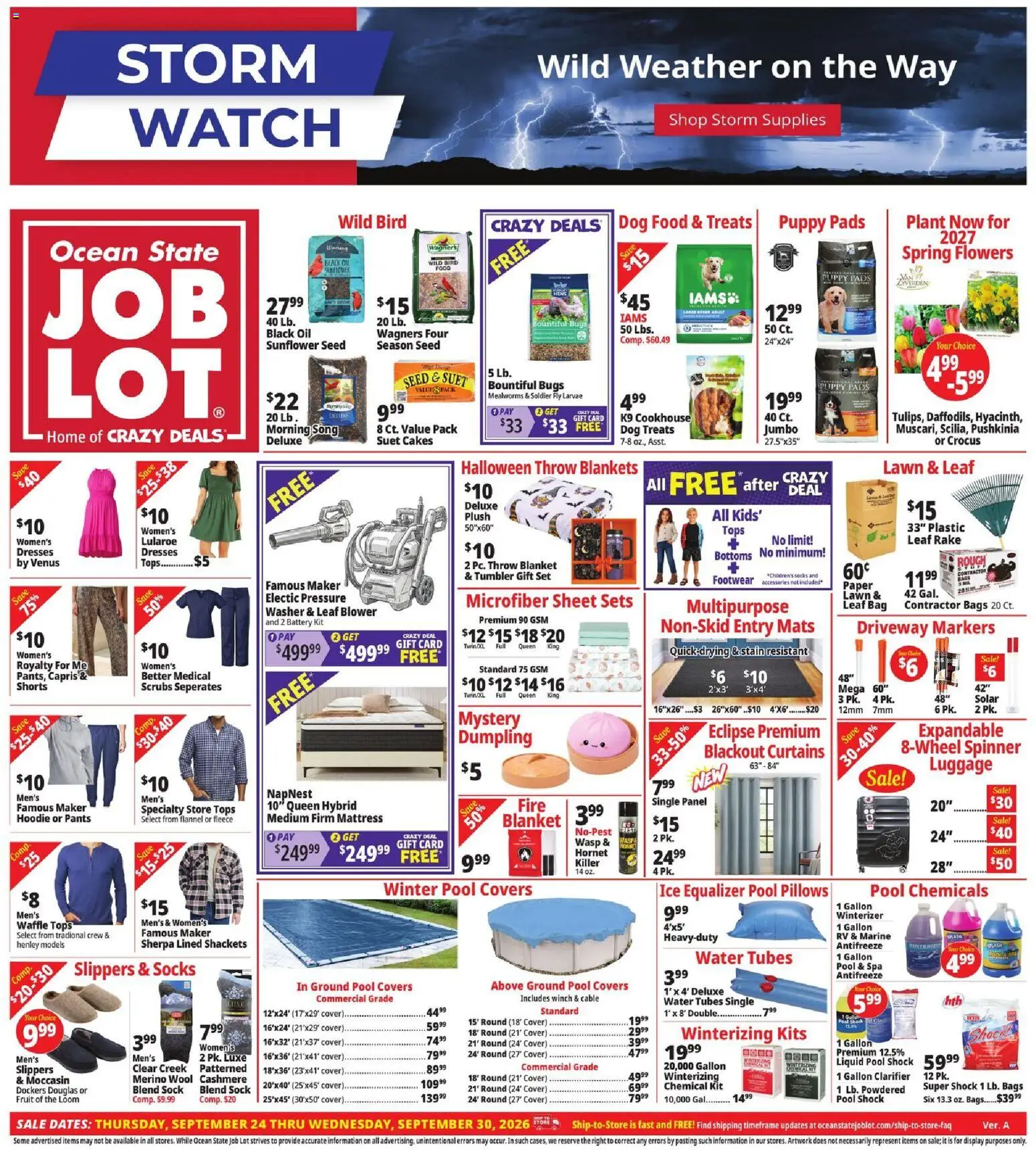 Ocean State Job Lot Weekly Ad - MA - valid from 09/24/2026 | Page: 1 | Products: Blanket, Pool chemicals, Flowers, Washer