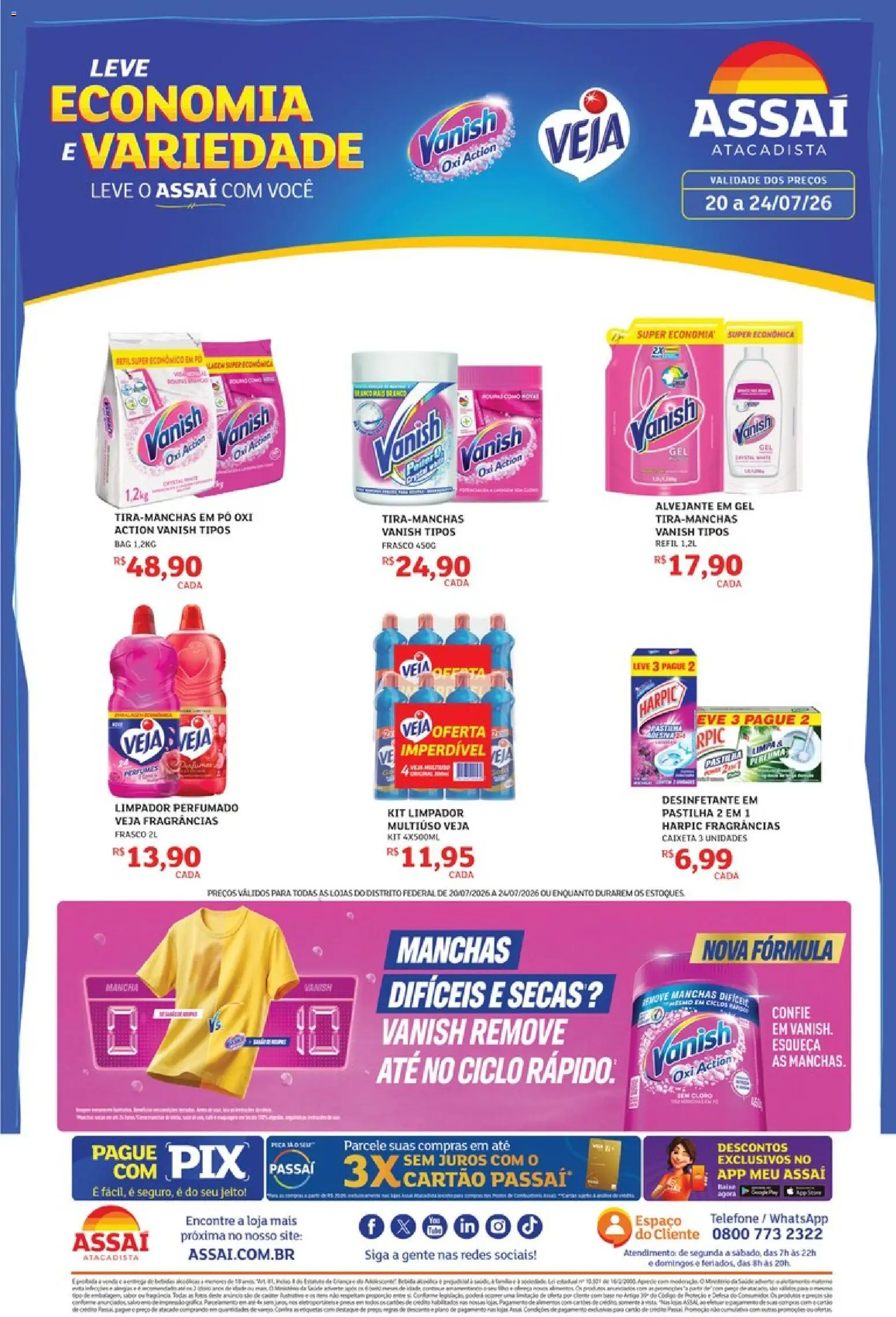 Assaí Atacadista Folheto - válido de 20/07/2026 | Página: 1 | Produtos: Pó, Cloro, Telefone, Desinfetante