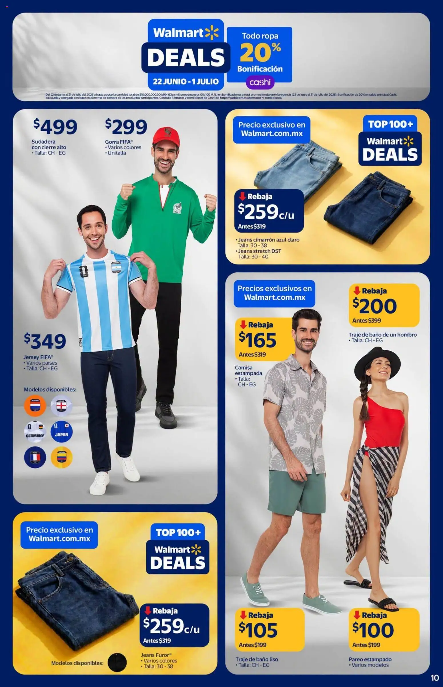 Nuevas ofertas de Walmart válidas en toda la República Mexicana desde el 22/06/2026. ¡Encuentra las mejores ofertas en Walmart folleto Deals! | Página: 10 | Productos: Camisa, Sudadera, Traje de baño, Baño