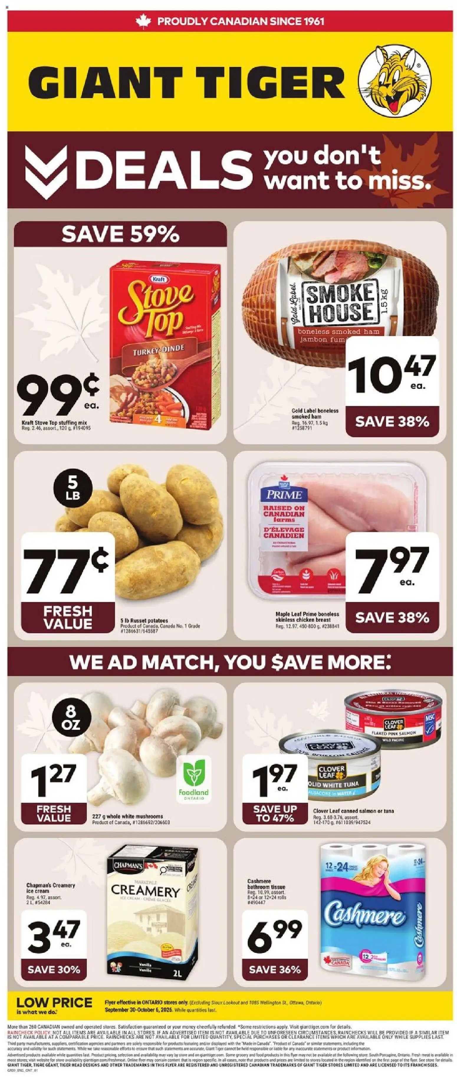 Giant Tiger flyer valid from Sep 30, 2026 | Page: 1 | Products: Turkey, Stove, Mushrooms, Chicken breast