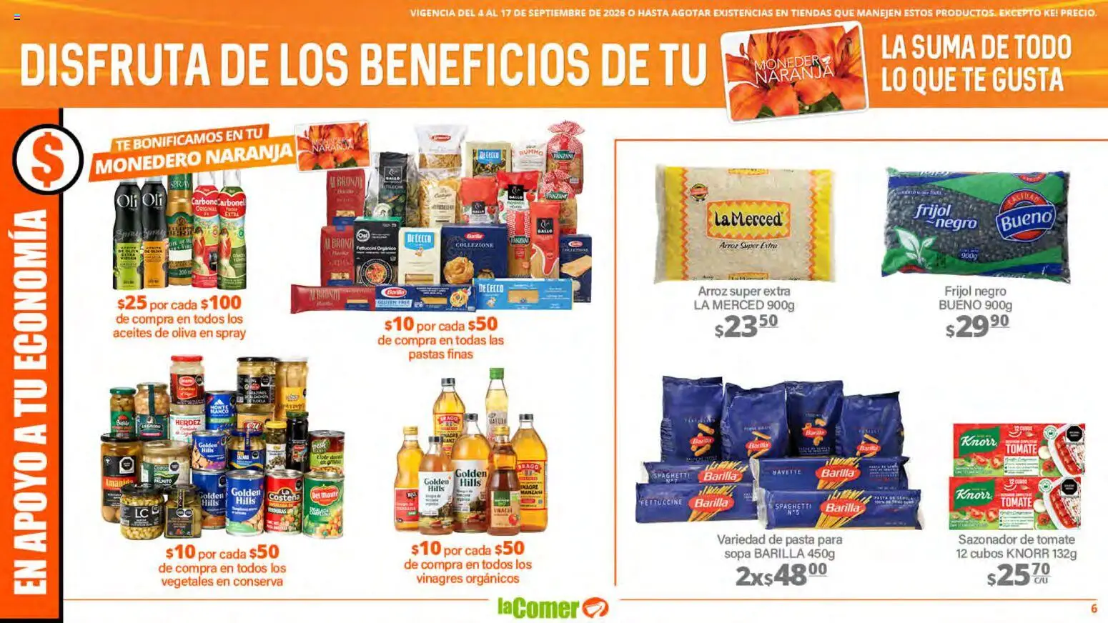 Nuevas ofertas de La Comer válidas en toda la República Mexicana desde el 04/09/2026. ¡Encuentra las mejores ofertas en La Comer folleto! | Página: 6 | Productos: Barilla, Vinagre, Monedero, Pasta