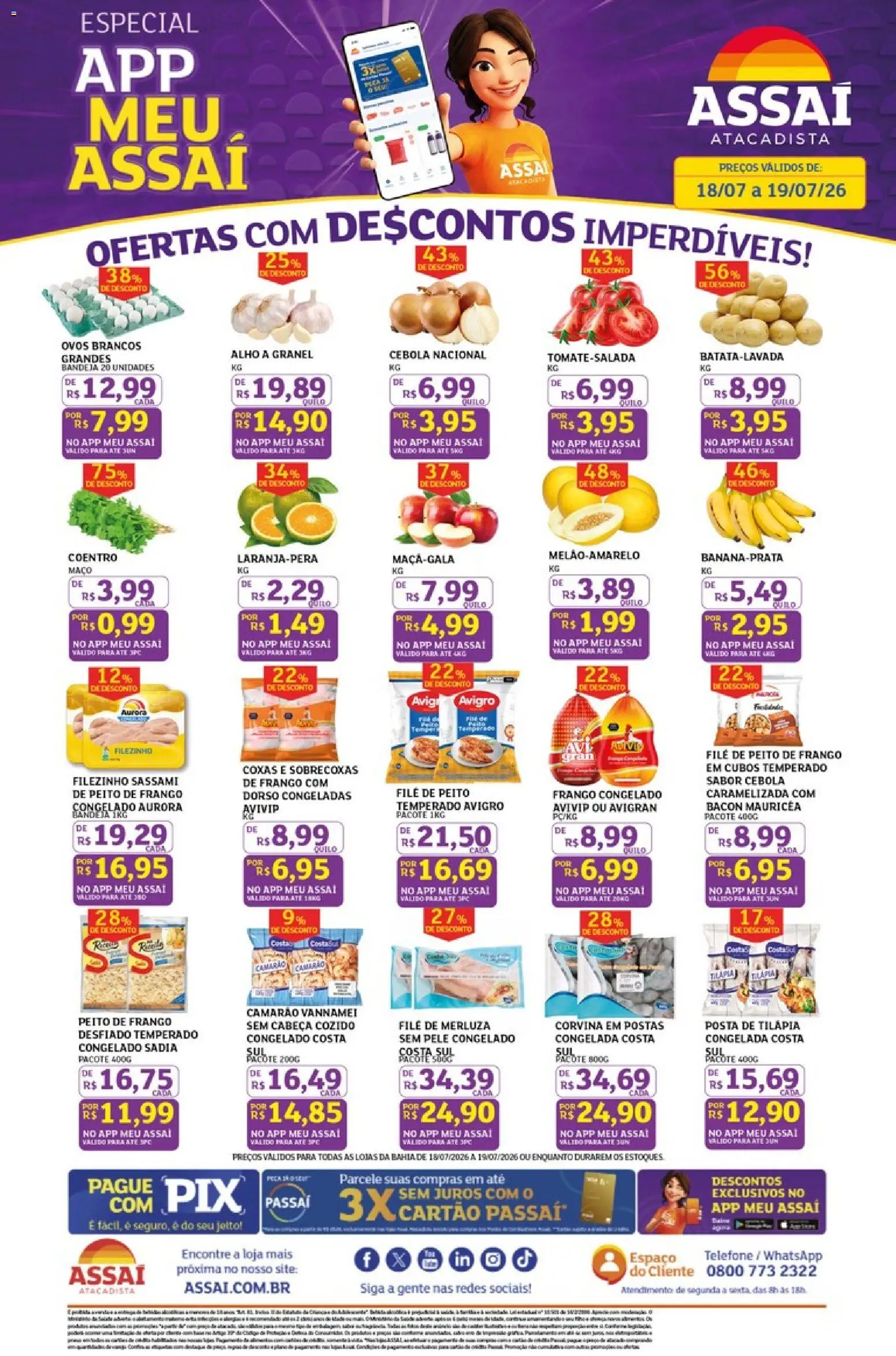 Assaí Atacadista Folheto - válido de 18/07/2026 | Página: 1 | Produtos: Alho, Ovos, Bandeja, Telefone