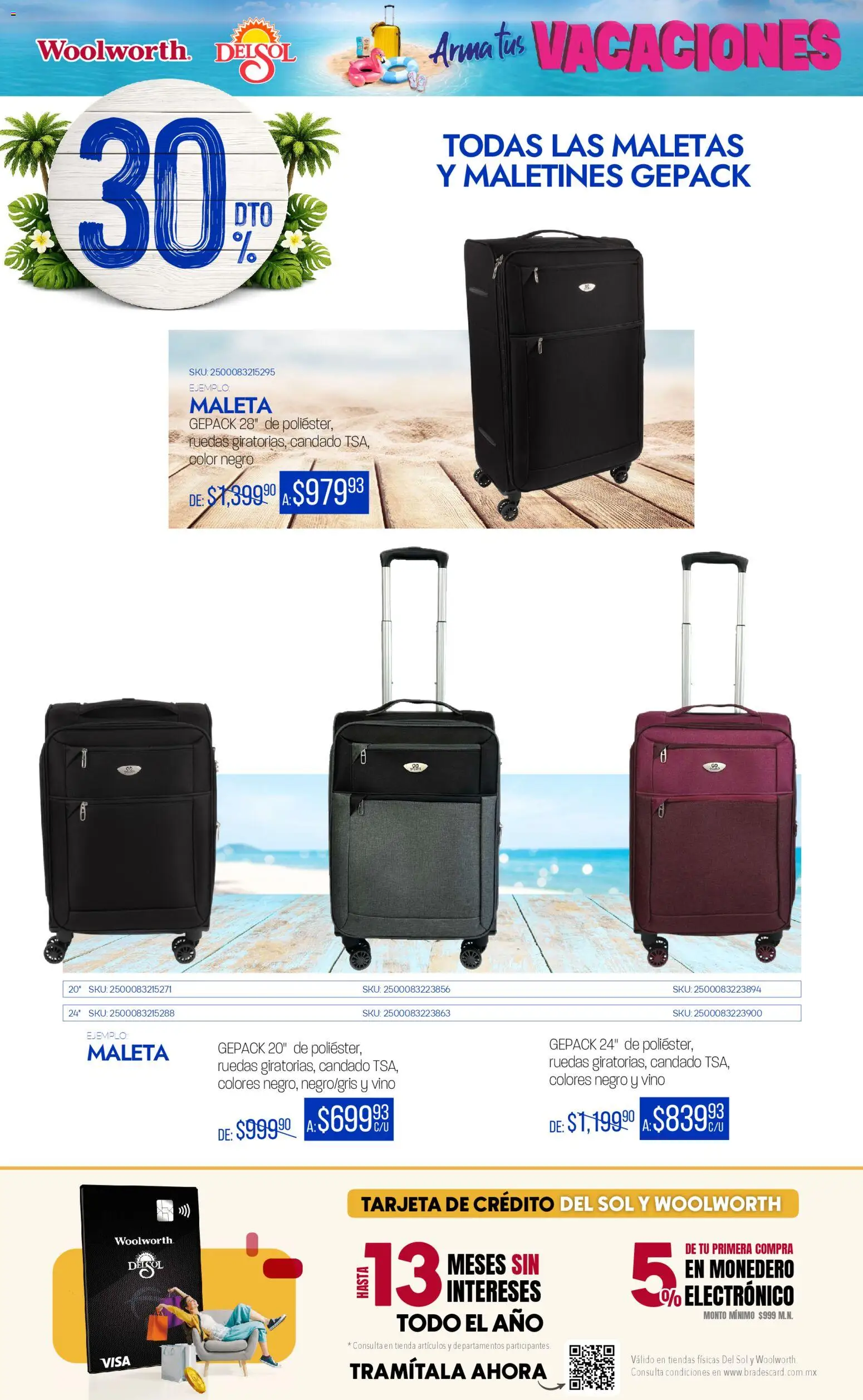 Nuevas ofertas de Del Sol y Woolworth válidas en toda la República Mexicana desde el 19.03.2026. ¡Encuentra las mejores ofertas en Del Sol y Woolworth catálogo Arma tus Vacaciones ! | Página: 13 | Productos: Candado, Monedero, Maleta, Vino