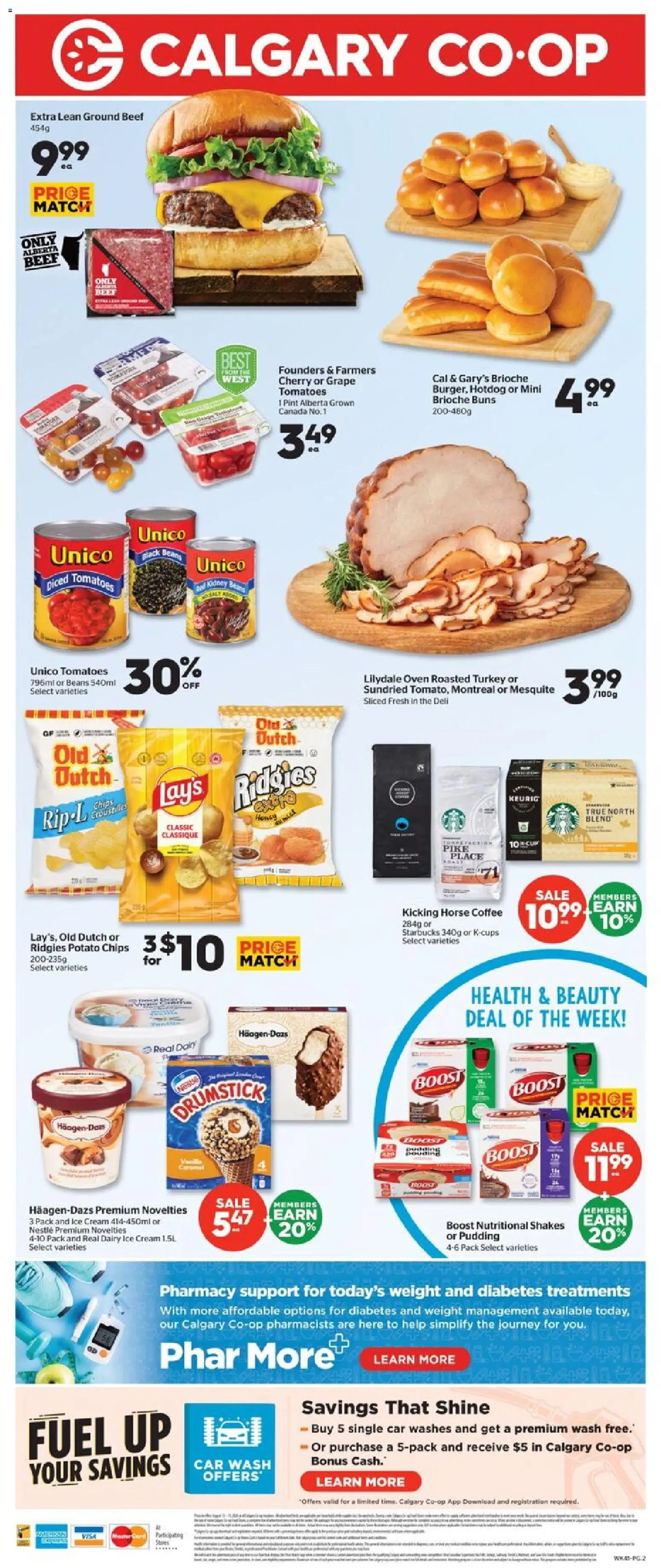 Calgary Co-op flyer valid from Aug 13, 2026 | Page: 2 | Products: Beef, Ice cream, Ice, Tomatoes