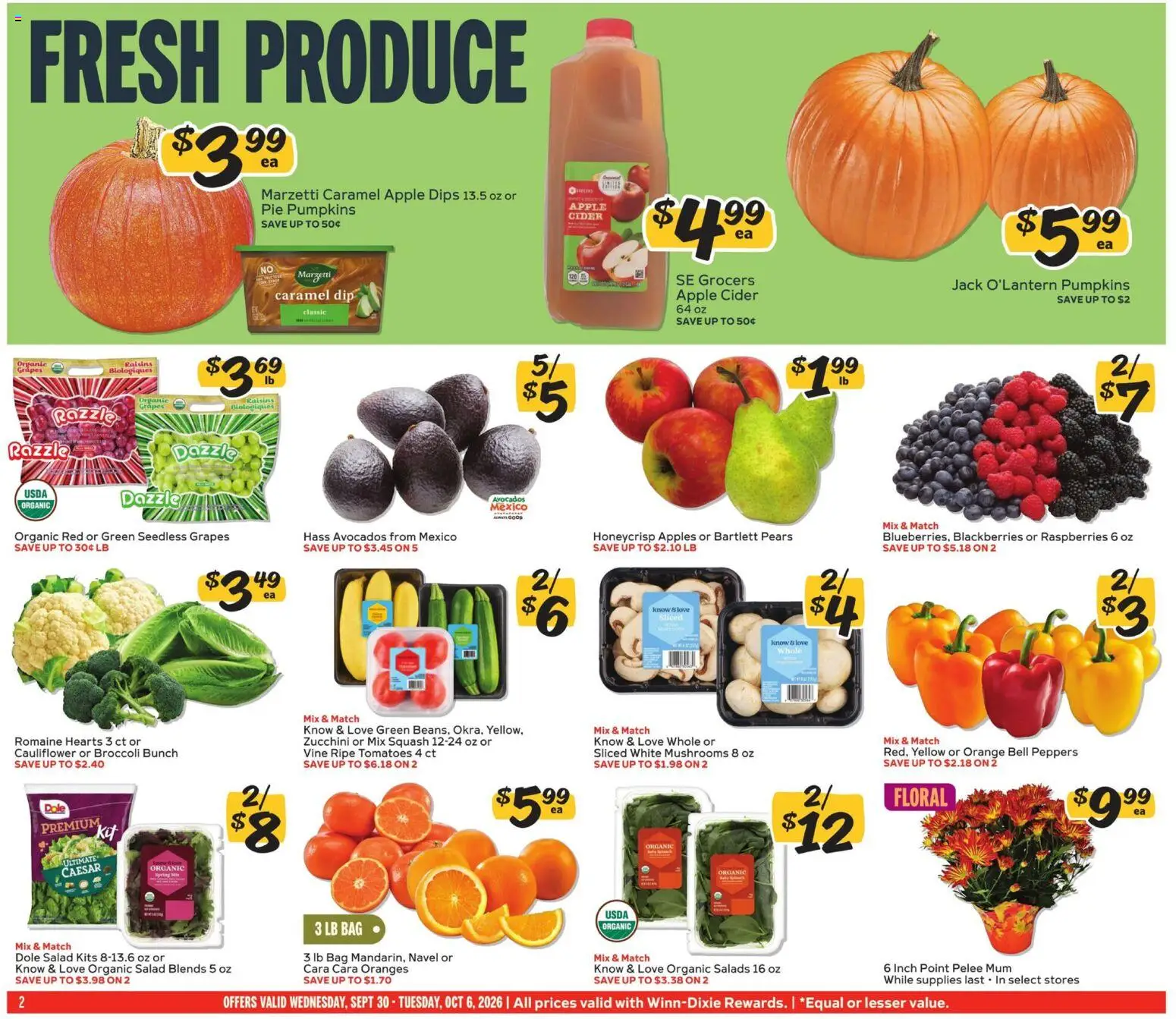 Winn Dixie Weekly Weekly Ad - valid from 09/30/2026 | Page: 2 | Products: Romaine, Raspberries, Peppers, Squash