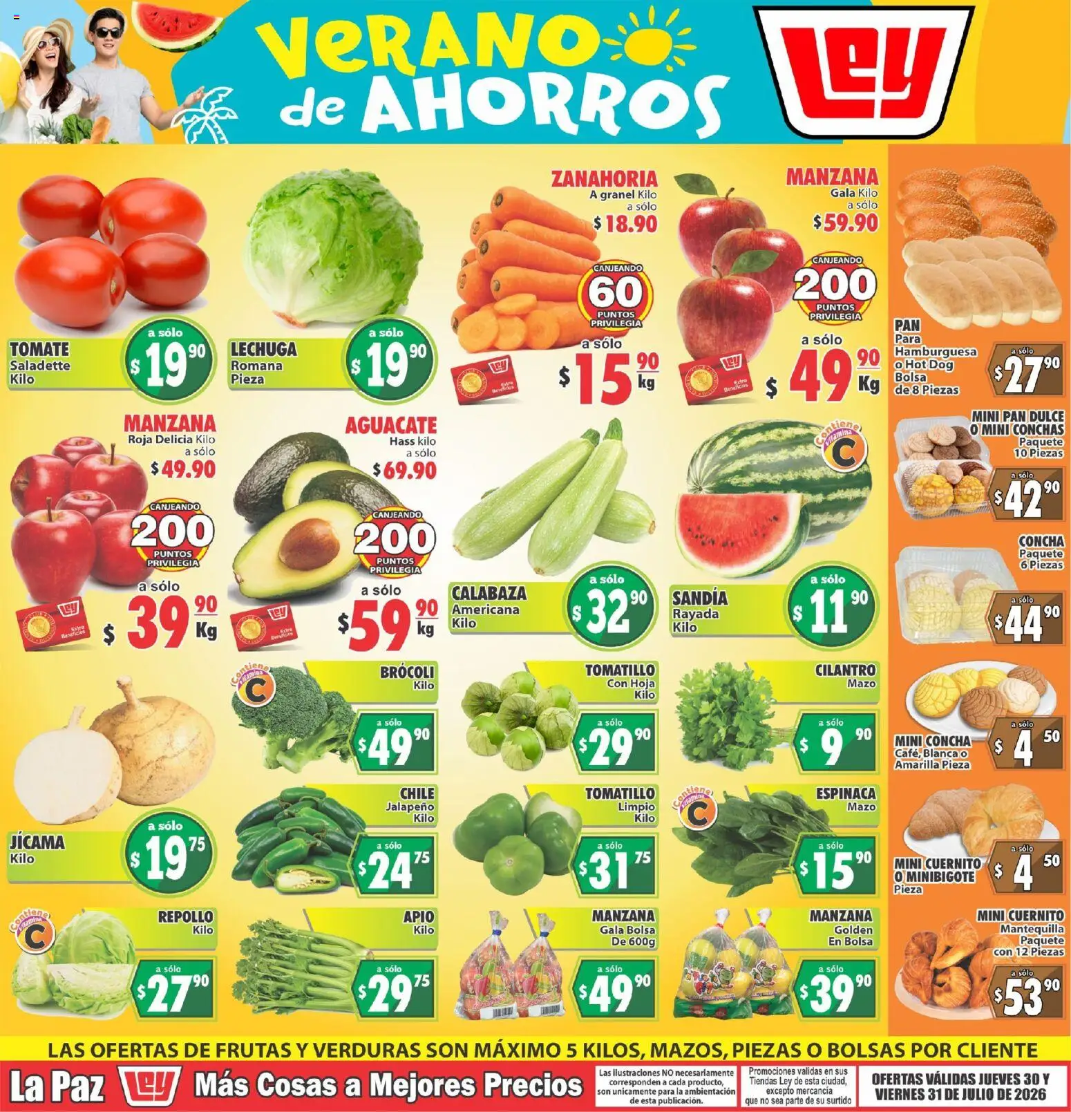 Nuevas ofertas de Casa Ley válidas en toda la República Mexicana desde el 30/07/2026. ¡Encuentra las mejores ofertas en Casa Ley folleto Las ofertas de frutas y verdunas! | Página: 1 | Productos: Cuernito, Pan dulce, Lechuga, Aguacate