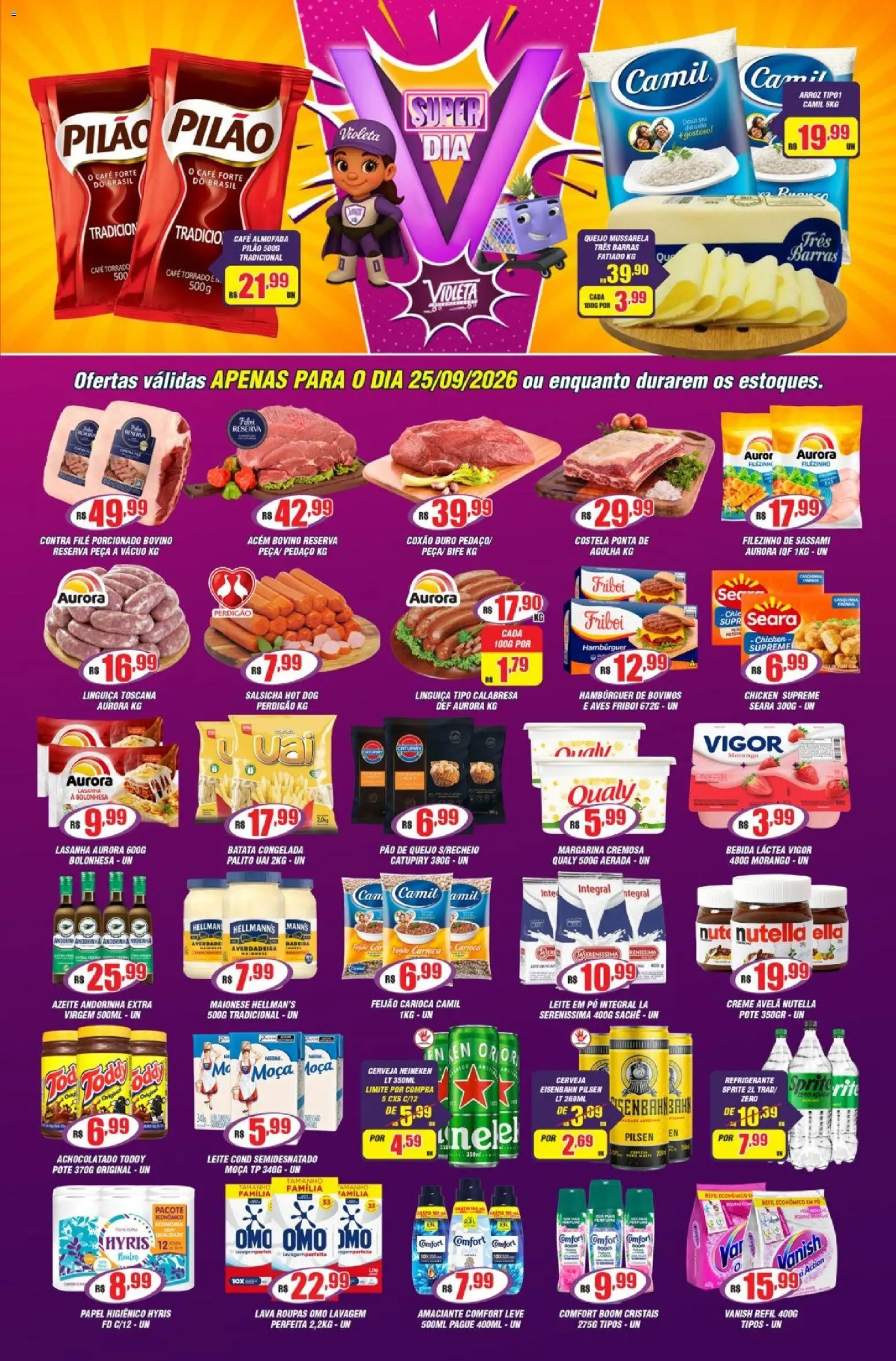 Violeta Supermercados Folheto - válido de 25/09/2026 | Página: 1 | Produtos: Pó, Salsicha, Azeite, Mussarela