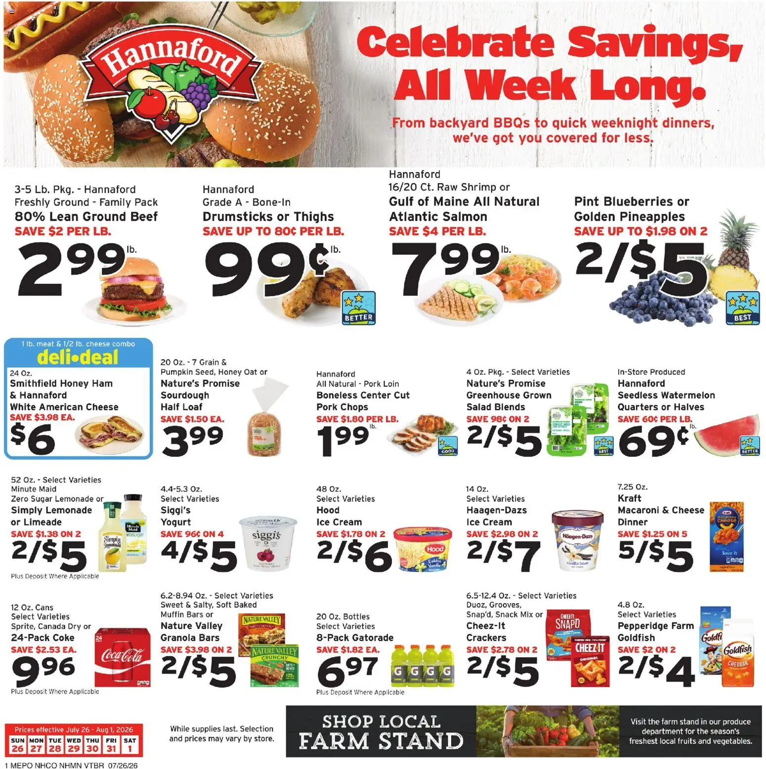 Hannaford Weekly Ad - valid from 07/26/2026 | Page: 1 | Products: Cheese, Ham, Ice cream, Blueberries