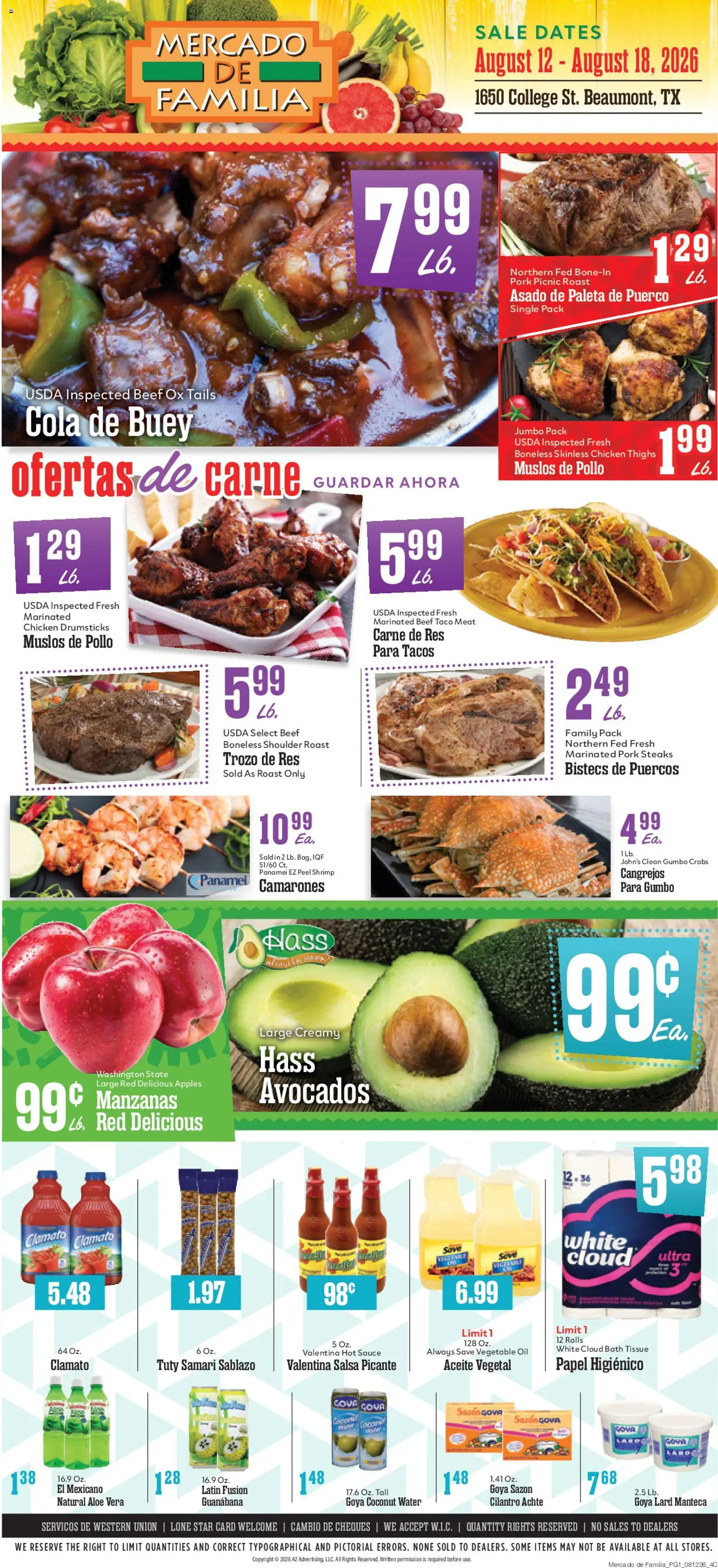 Market Basket Mercado de Familia Weekly Ad - valid from 08/12/2026 | Page: 1 | Products: Bath, Oil, Apples, Water
