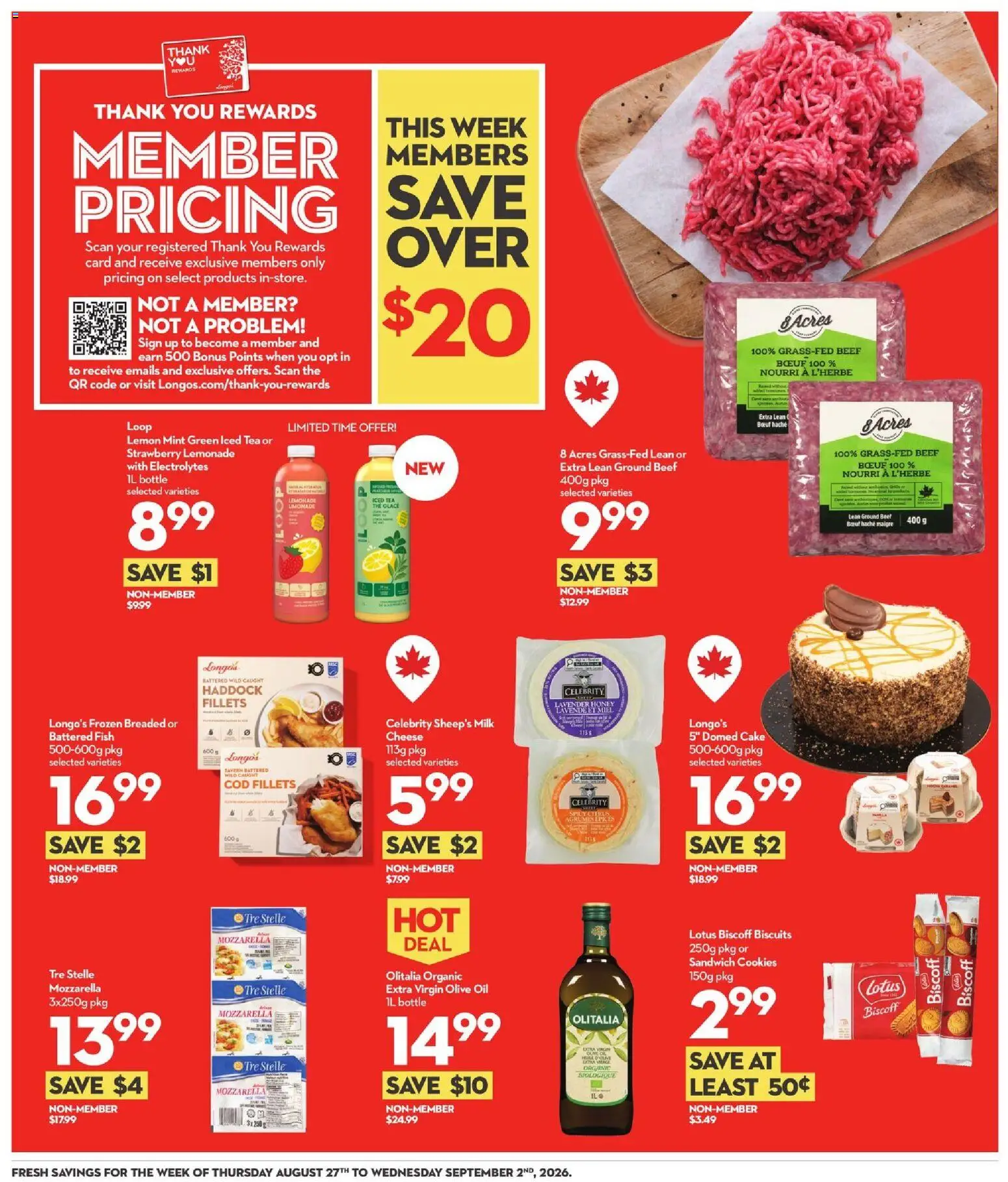 Longo's flyer valid from Aug 27, 2026 | Page: 12 | Products: Cookies, Lemonade, Extra virgin olive oil, Cheese