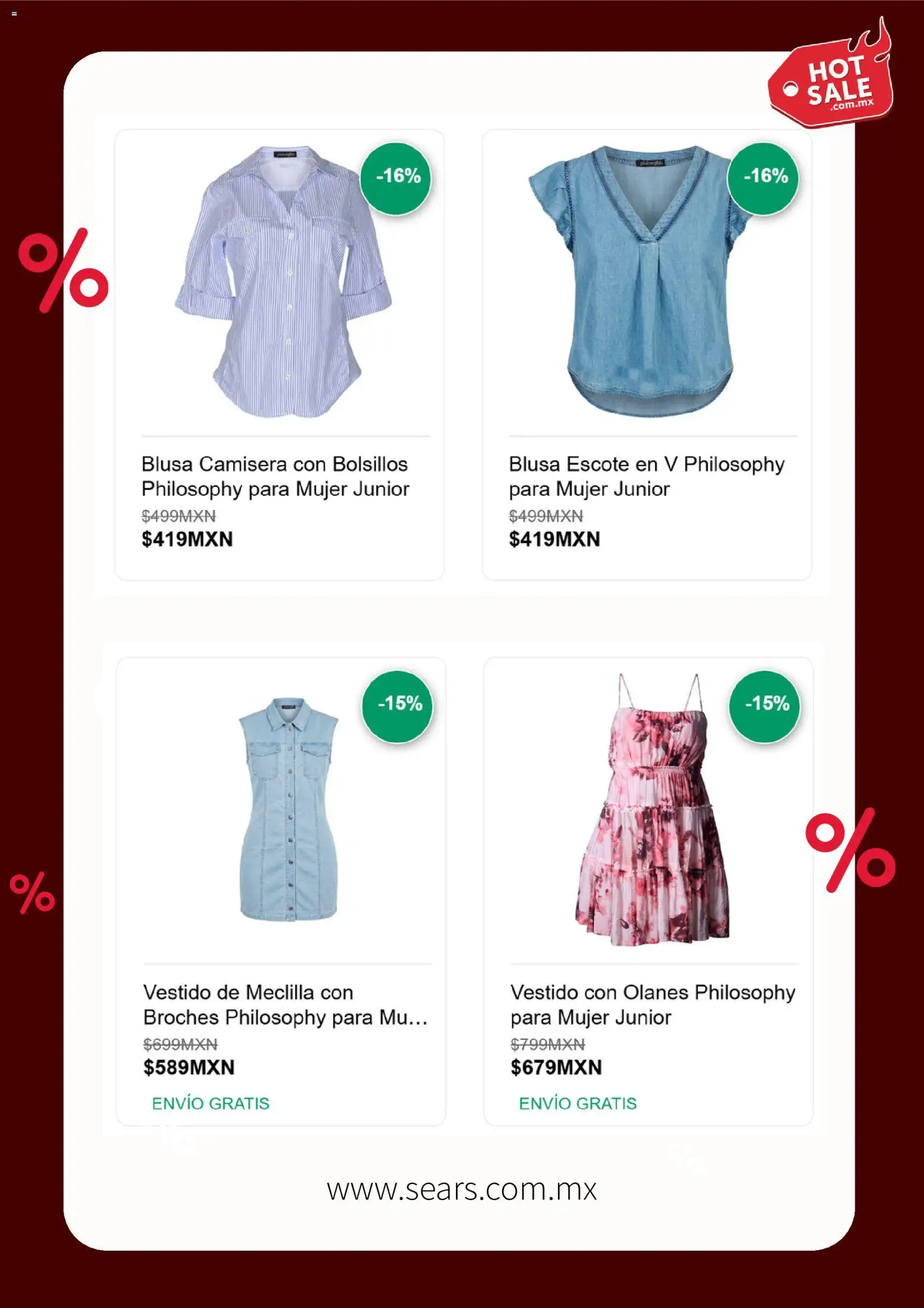 Nuevas ofertas de Sears válidas en toda la República Mexicana desde el 25.05.2026. ¡Encuentra las mejores ofertas en Sears Hot Sale! | Página: 4 | Productos: Blusa, Vestido