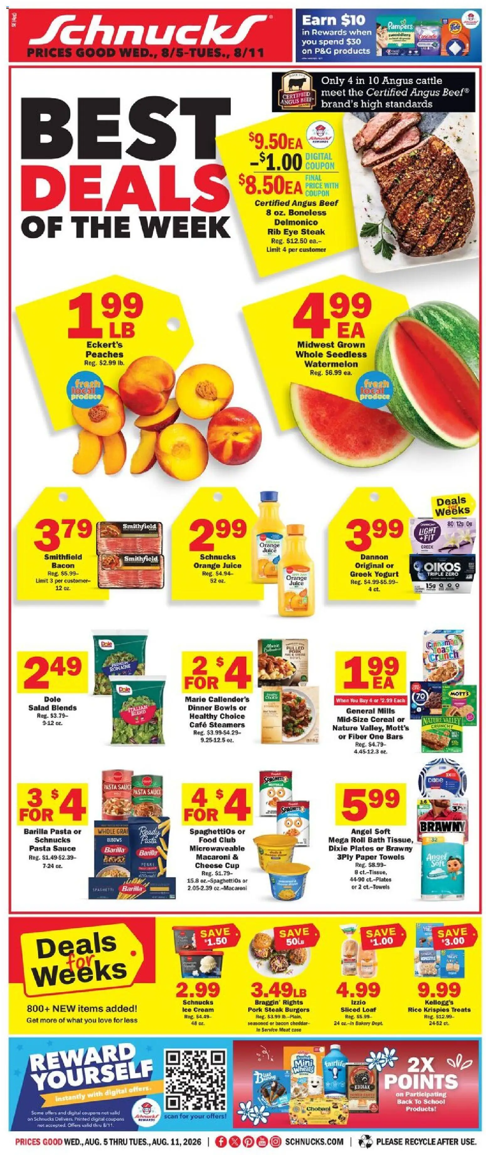 Schnucks Weekly Ad - valid from 08/05/2026 | Page: 1 | Products: Bakery, Orange juice, Pork steak, Yogurt