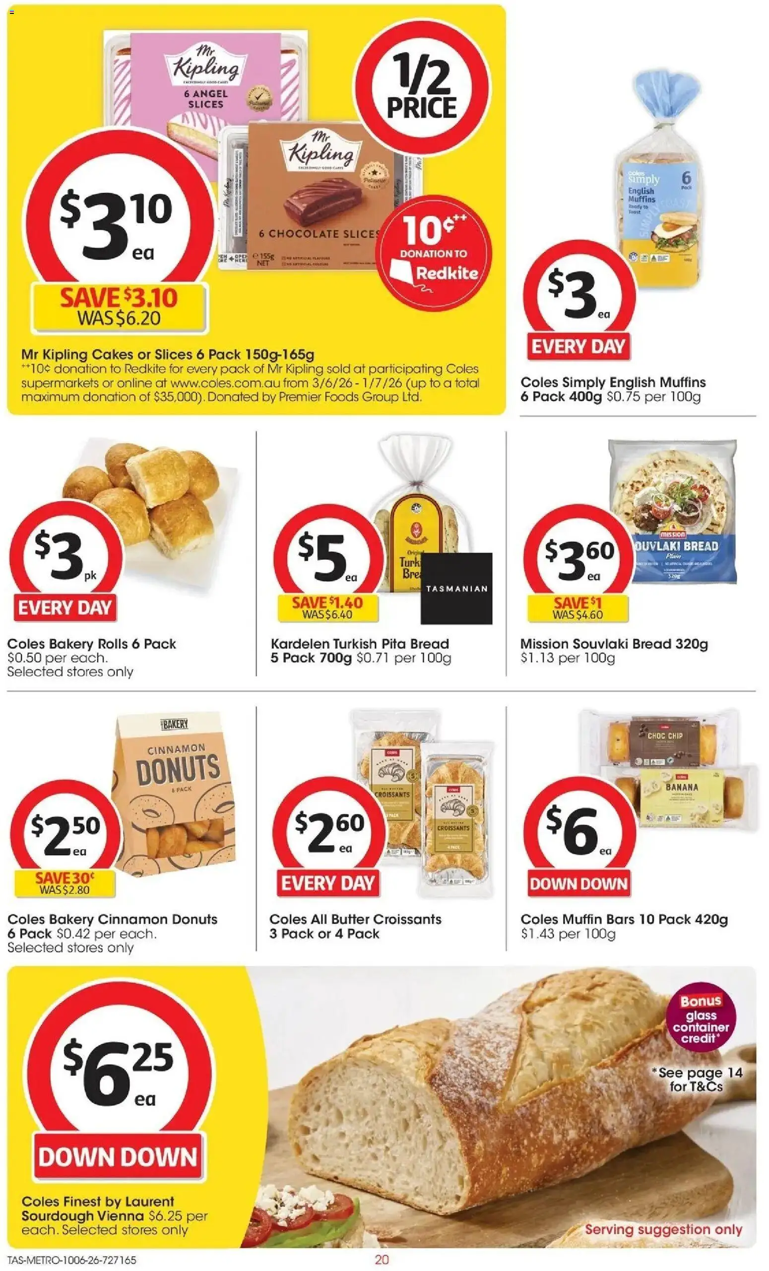 Coles catalogue - valid from 10.06.2026 | Page: 20 | Products: Donuts, Muffins, Pita bread, Bakery