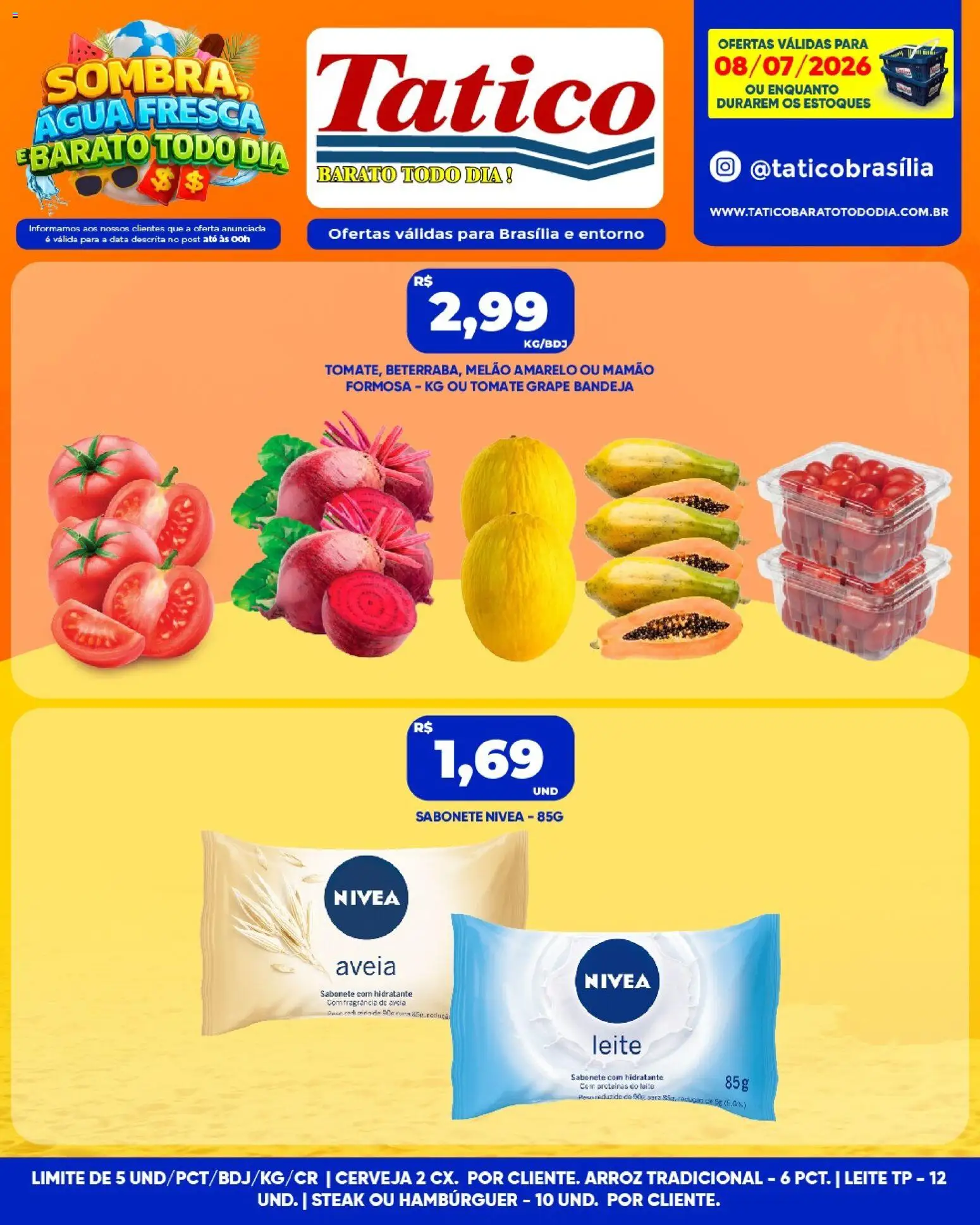 Tatico Folheto - válido de 08/07/2026 | Página: 1 | Produtos: Melão, Hambúrguer, Sabonete, Mamão