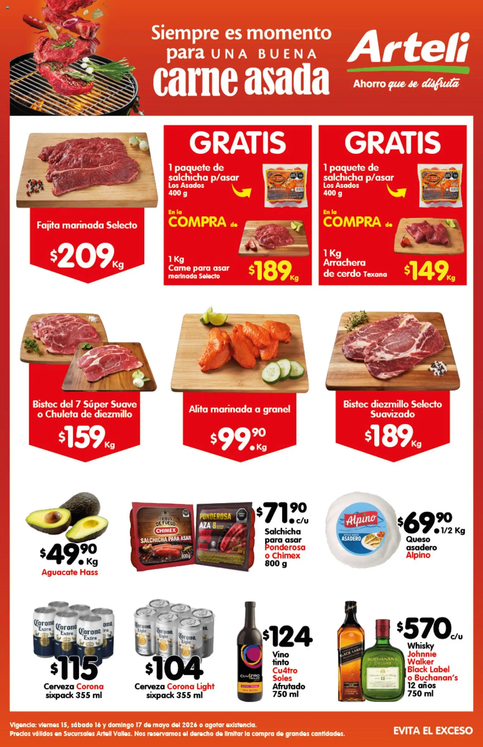 Nuevas ofertas de Arteli válidas en toda la República Mexicana desde el 15.05.2026. ¡Encuentra las mejores ofertas en Arteli folleto Carne Valles! | Página: 1 | Productos: Salchicha, Queso, Cerveza, Vino
