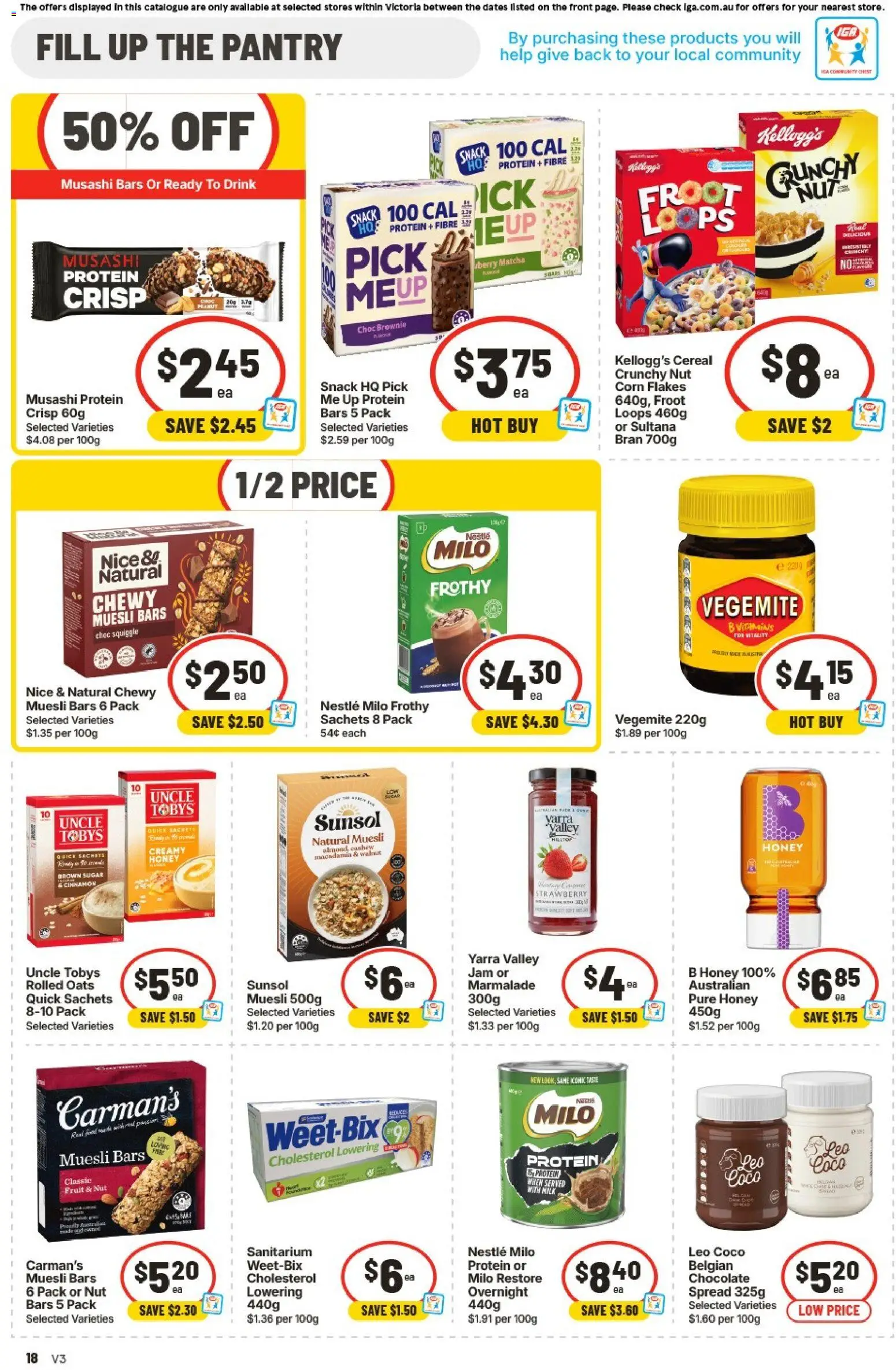IGA catalogue - valid from 29/07/2026 | Page: 18 | Products: Chocolate, Honey, Oats, Vegemite