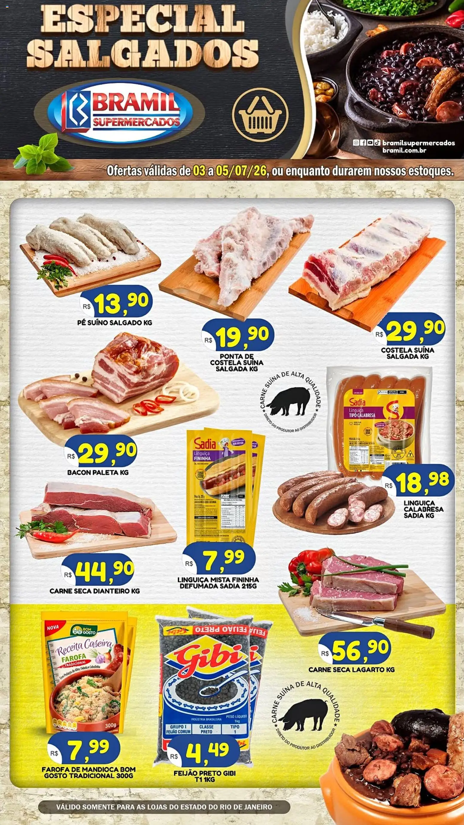 Bramil Supermercados Folheto - válido de 03/07/2026 | Página: 1 | Produtos: Cebola, Linguiça, Carne, Farofa