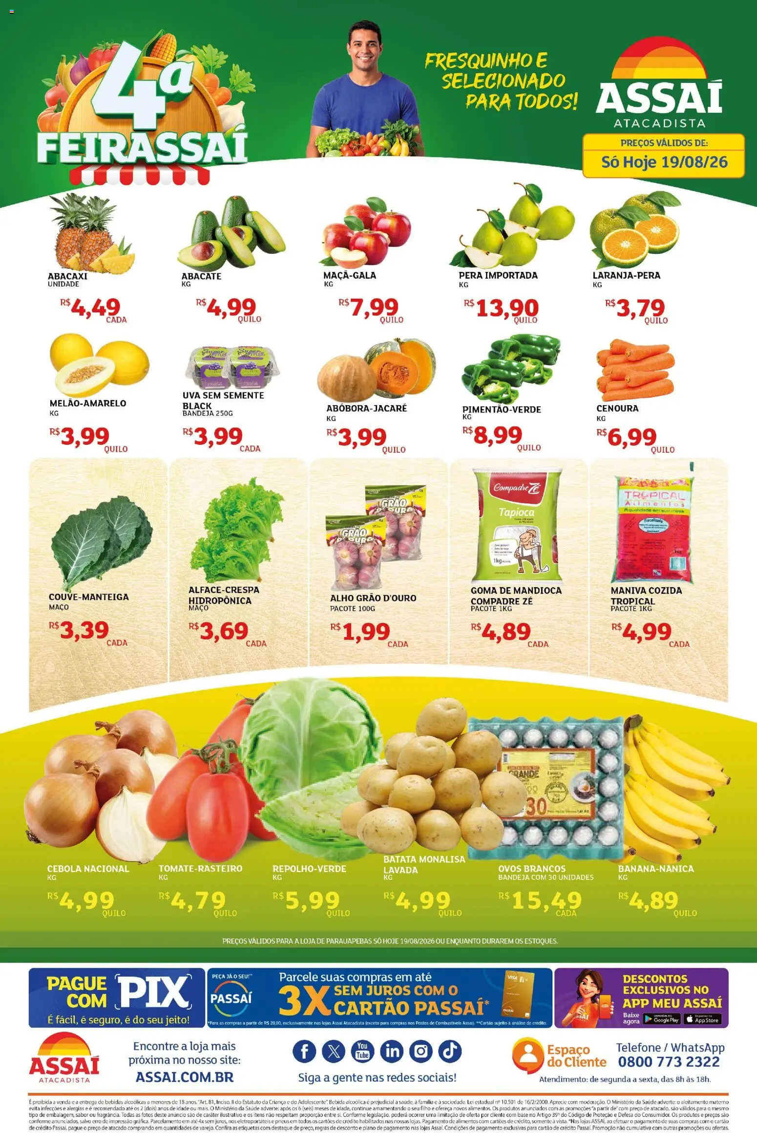 Assaí Atacadista Folheto - válido de 19/08/2026 | Página: 1 | Produtos: Bebidas, Base, Alimentos, Telefone