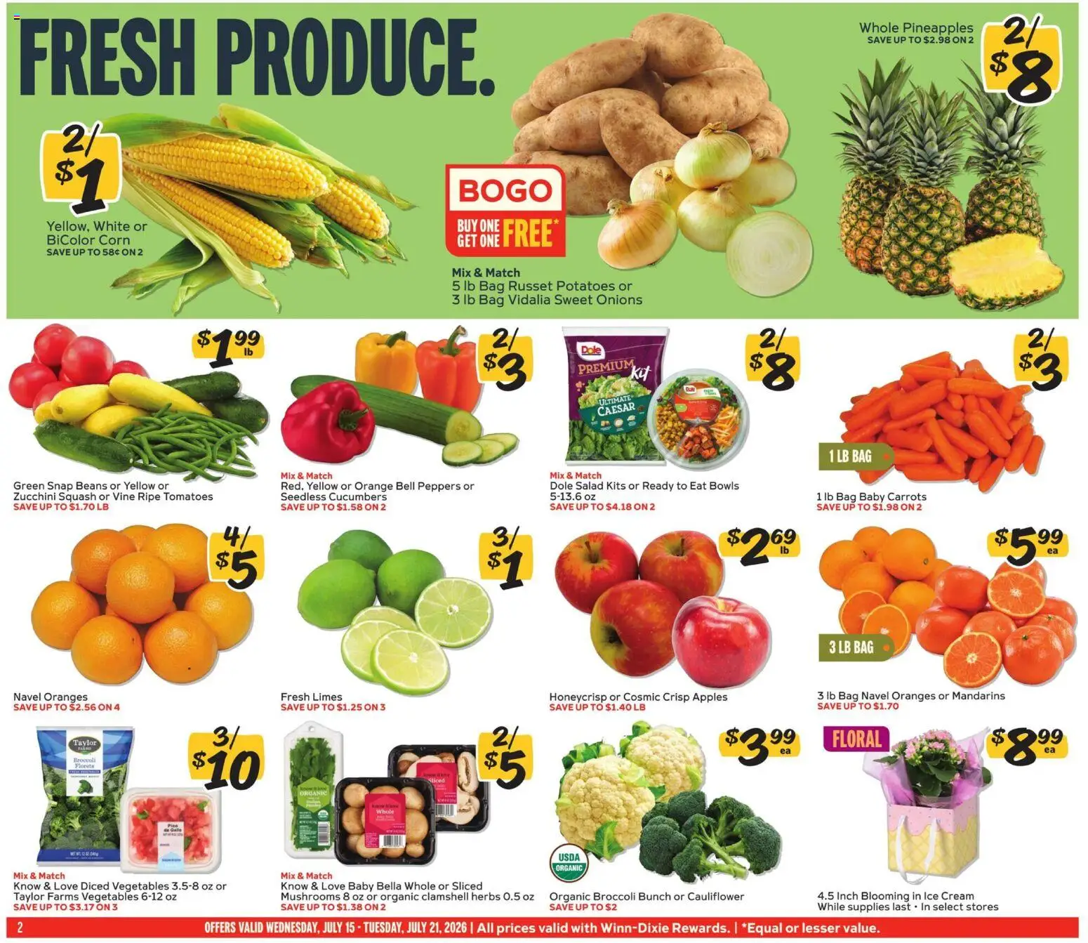 Winn Dixie Weekly Ad - valid from 07/15/2026 | Page: 2 | Products: Peppers, Mushrooms, Tomatoes, Cauliflower