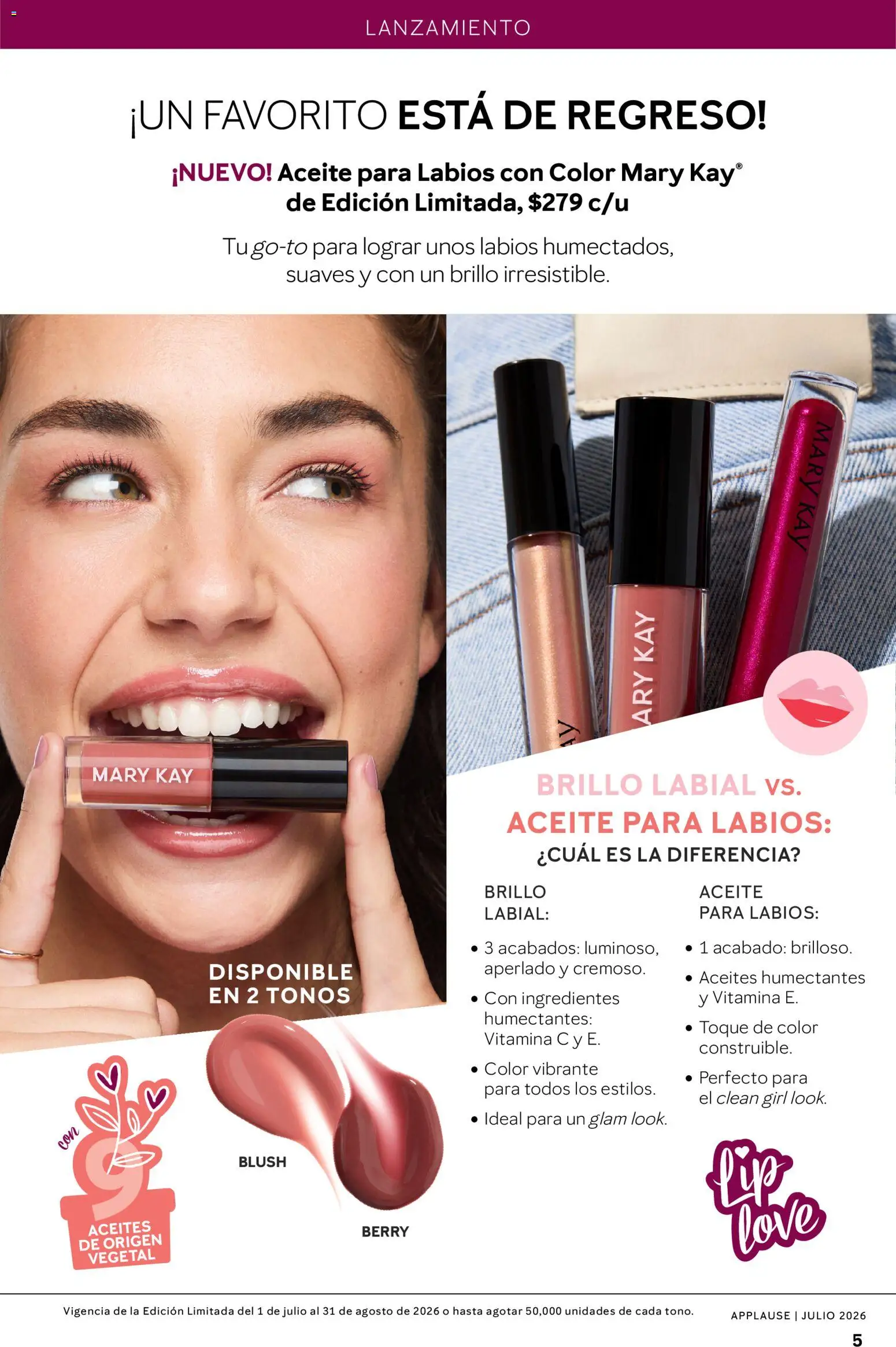 Nuevas ofertas de Mary Kay válidas en toda la República Mexicana desde el 01/07/2026. ¡Encuentra las mejores ofertas en Catálogo Mary Kay Applause 2026! | Página: 5 | Productos: Brillo, Aceite