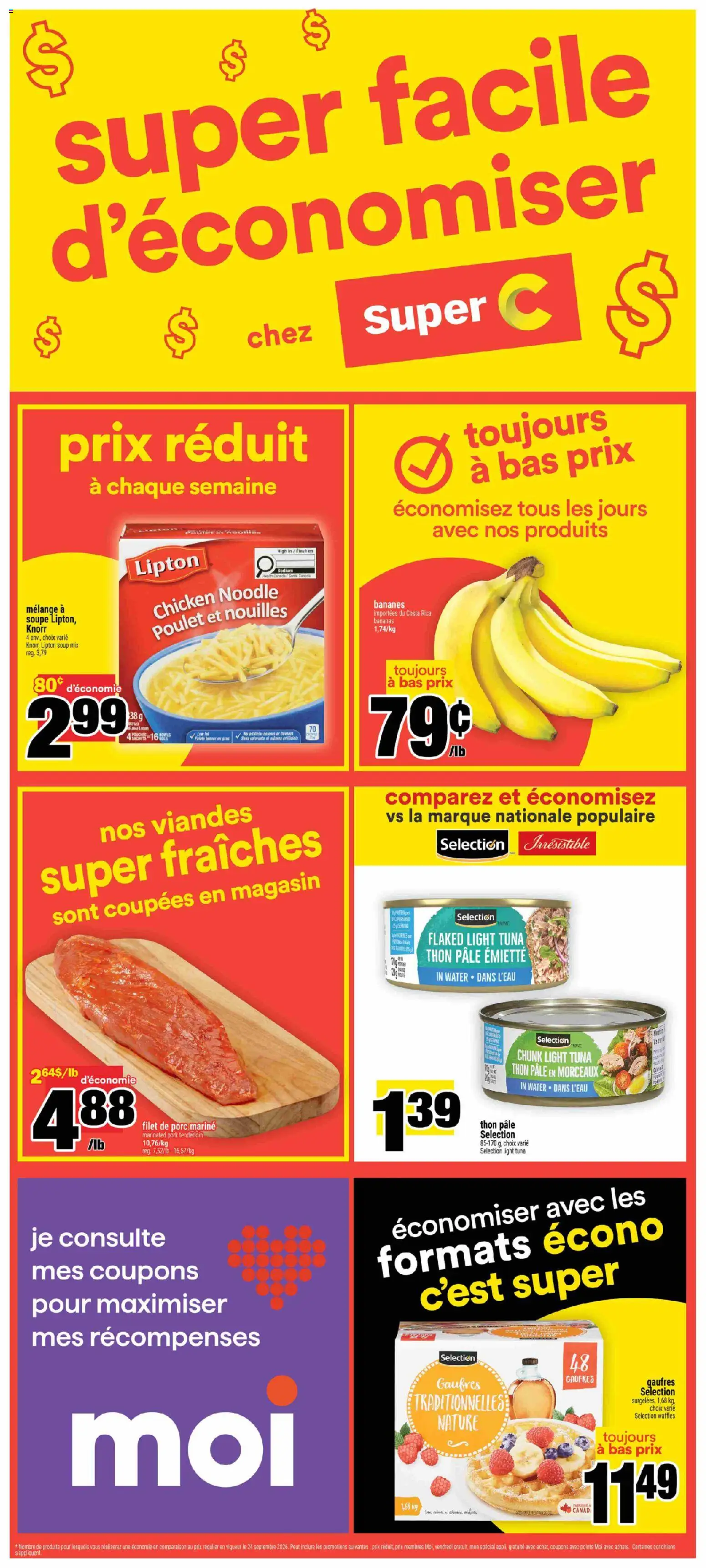 Super C flyer valid from Sep 24, 2026 | Page: 14 | Products: Tuna, Sachets, Chicken, Bananas