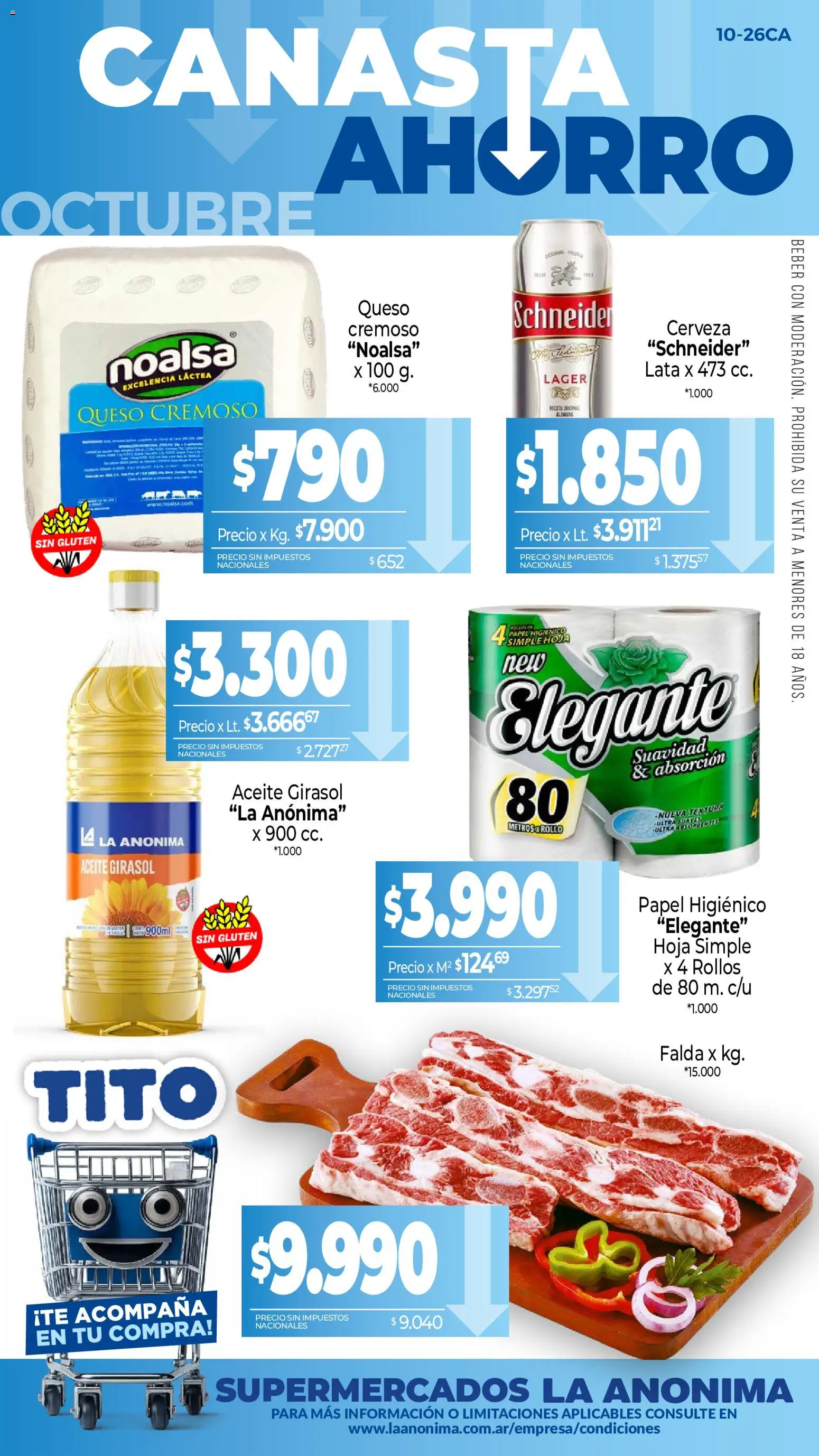 La Anonima - Canasta Ahorro │ válido desde el 01/10/2026 | Página: 1 | Productos: Falda, Aceite, Cerveza, Canasta