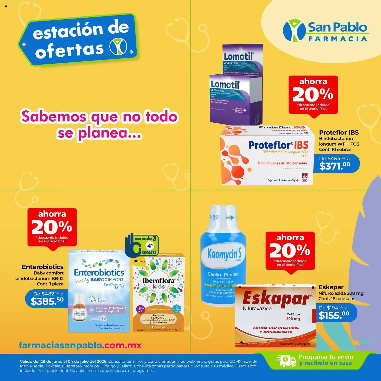Nuevas ofertas de Farmacia San Pablo válidas en toda la República Mexicana desde el 28/06/2026. ¡Encuentra las mejores ofertas en Farmacia San Pablo catálogo Estación de ofertas! | Página: 1 | Productos: Aceite, Polvo, Tableta, Sobre