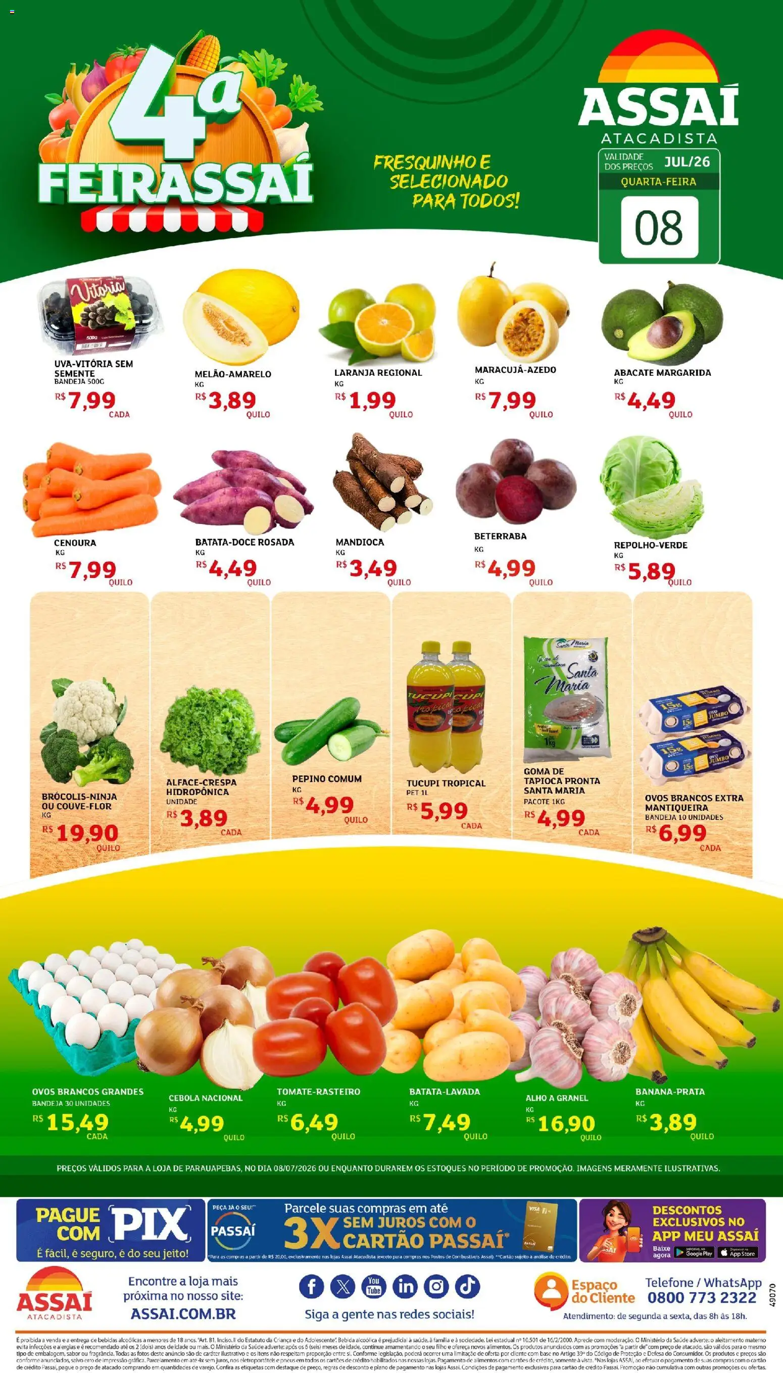Assaí Atacadista Folheto - válido de 08/07/2026 | Página: 1 | Produtos: Beterraba, Cebola, Ovos, Pneus