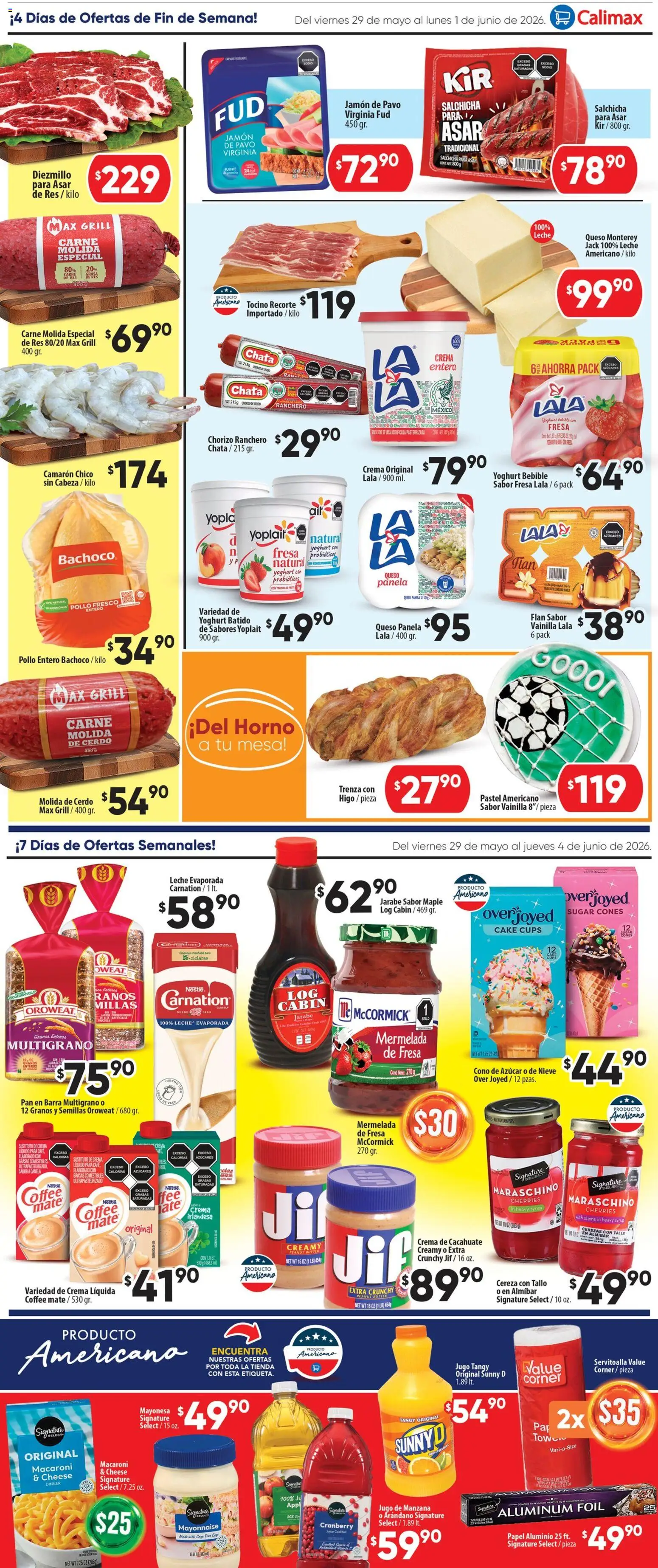 Nuevas ofertas de Calimax válidas en toda la República Mexicana desde el 29.05.2026. ¡Encuentra las mejores ofertas en Calimax folleto Mexicali y SLRC! | Página: 2 | Productos: Salchicha, Manzana, Queso, Barra