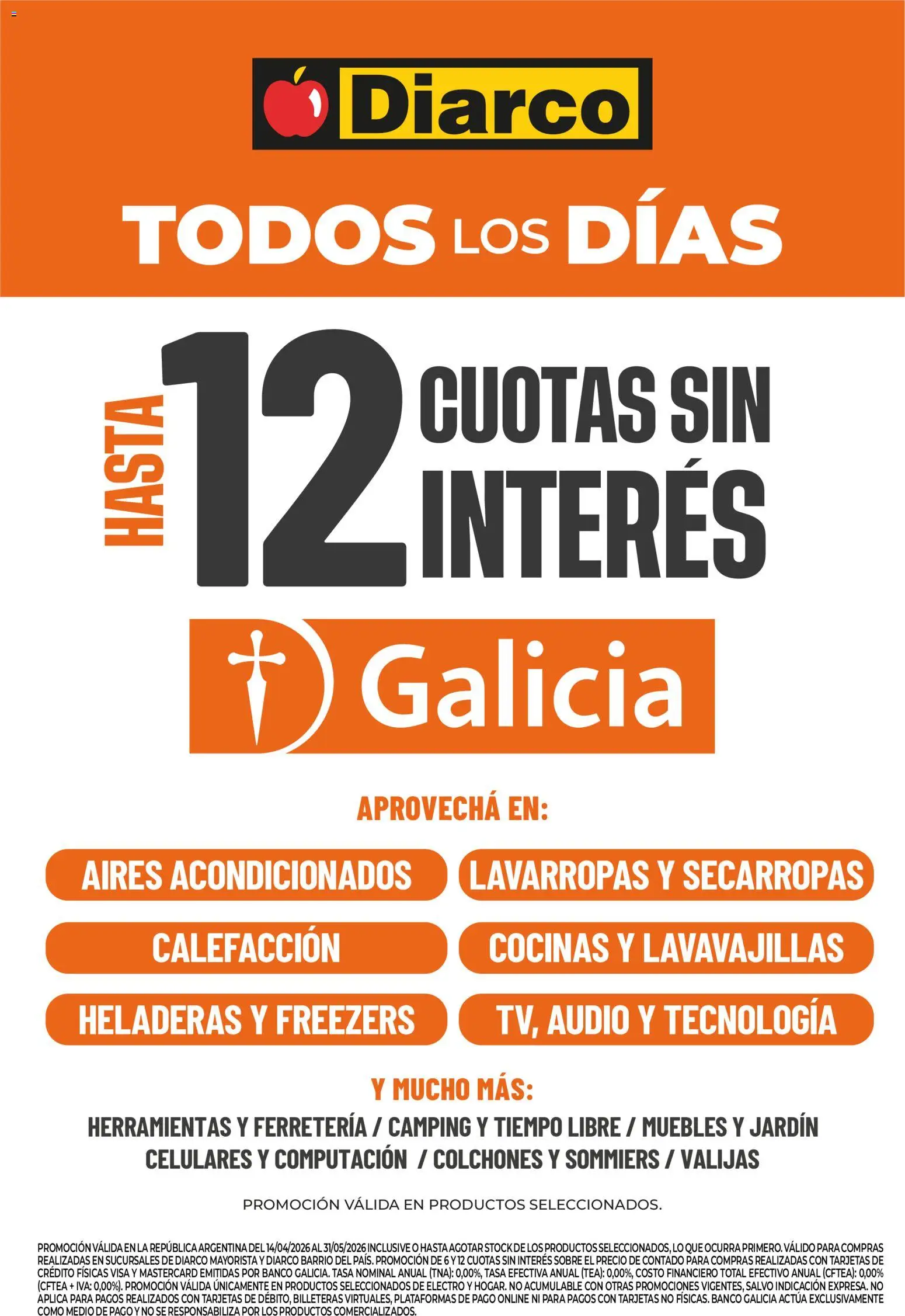 Diarco - 12 Cuotas Galicia │ válido desde el 14.04.2026 | Página: 1 | Productos: Lavavajillas, Banco, Sobre, Lavarropas