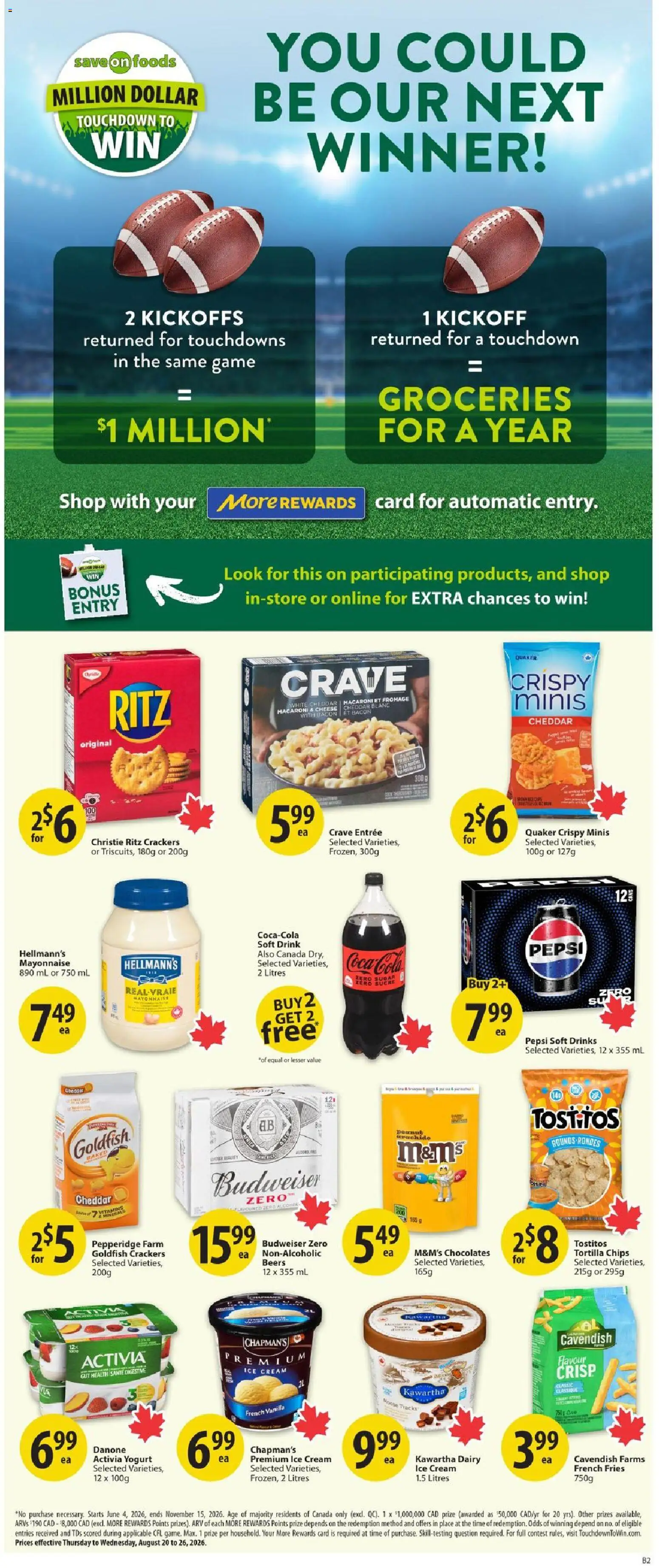 Save on foods flyer valid from Aug 20, 2026 | Page: 30 | Products: Chips, Cream, Drinks, Ice